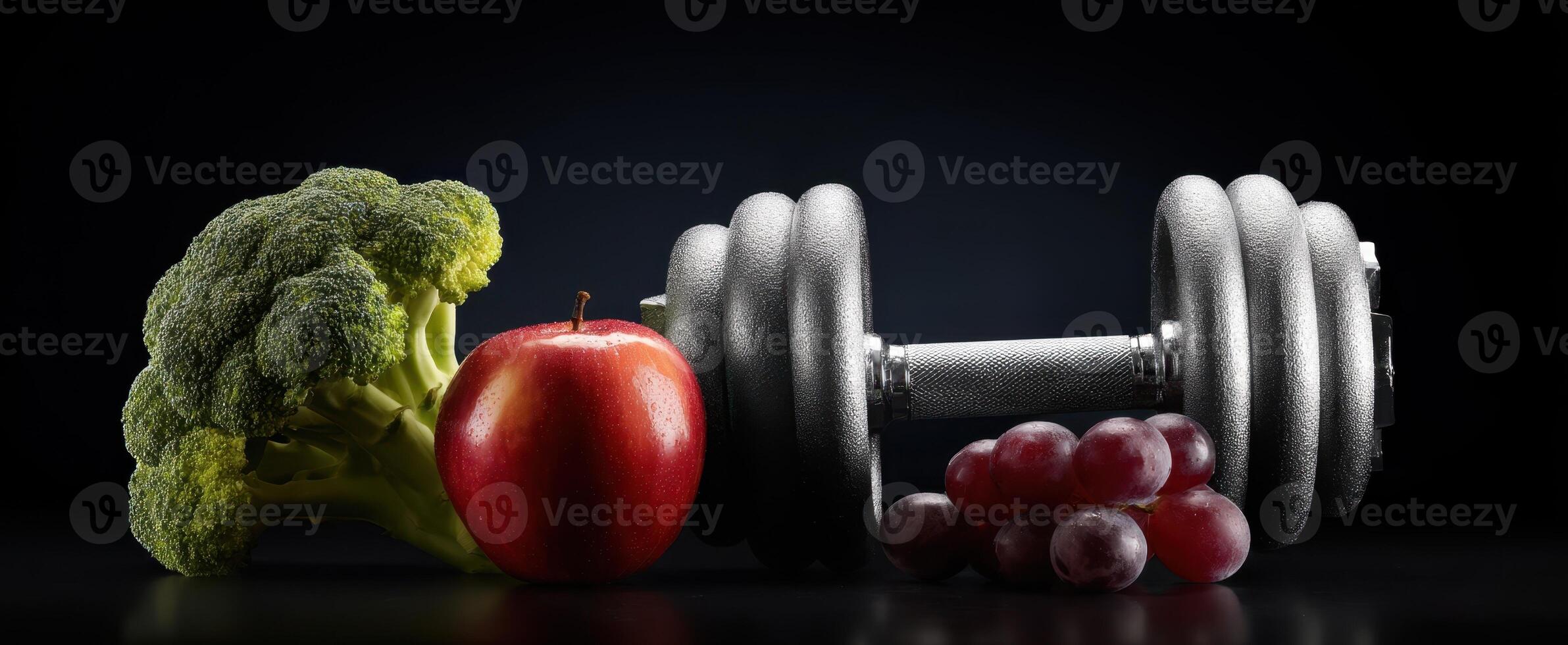 The colorful assortment of fruits and dumbbell representing balanced nutrition and fitness. photo