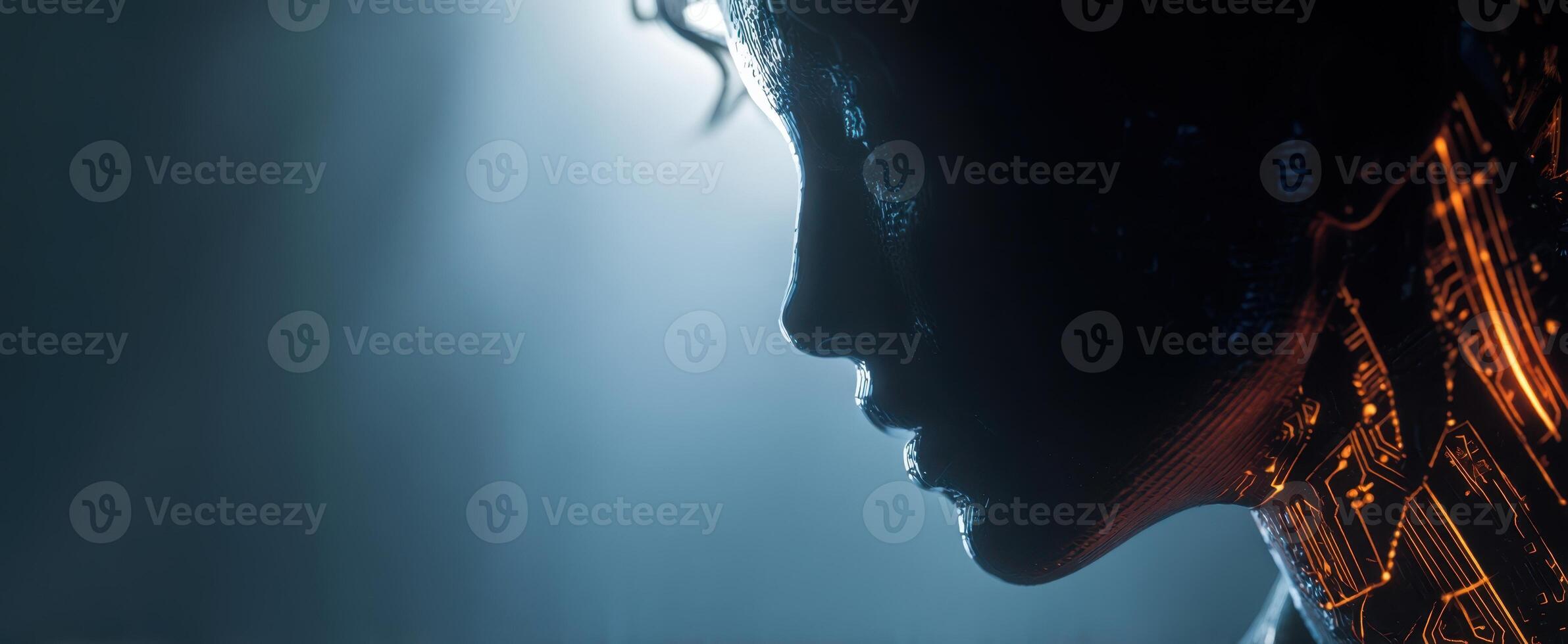 The futuristic silhouette of a cybernetic figure illuminated by glowing patterns. photo
