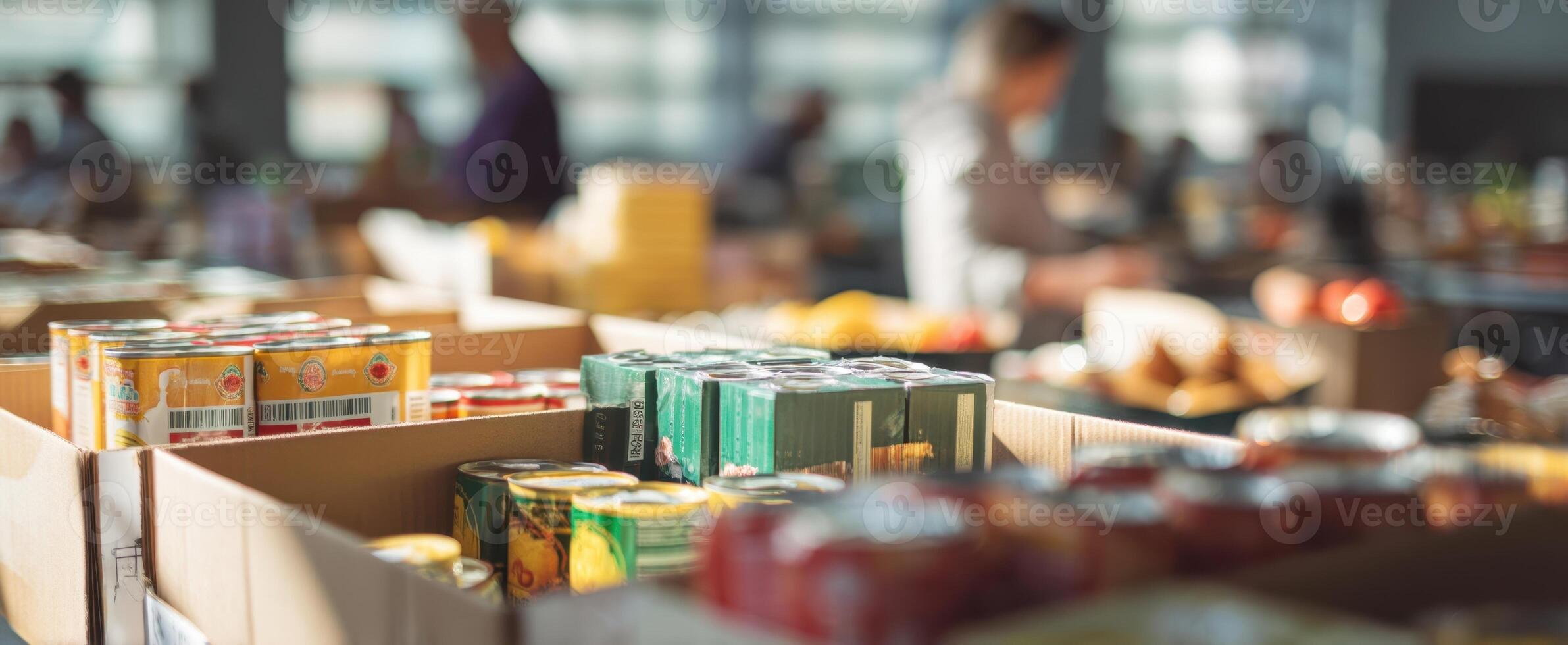 The community food distribution center bustling with volunteers and supplies. photo