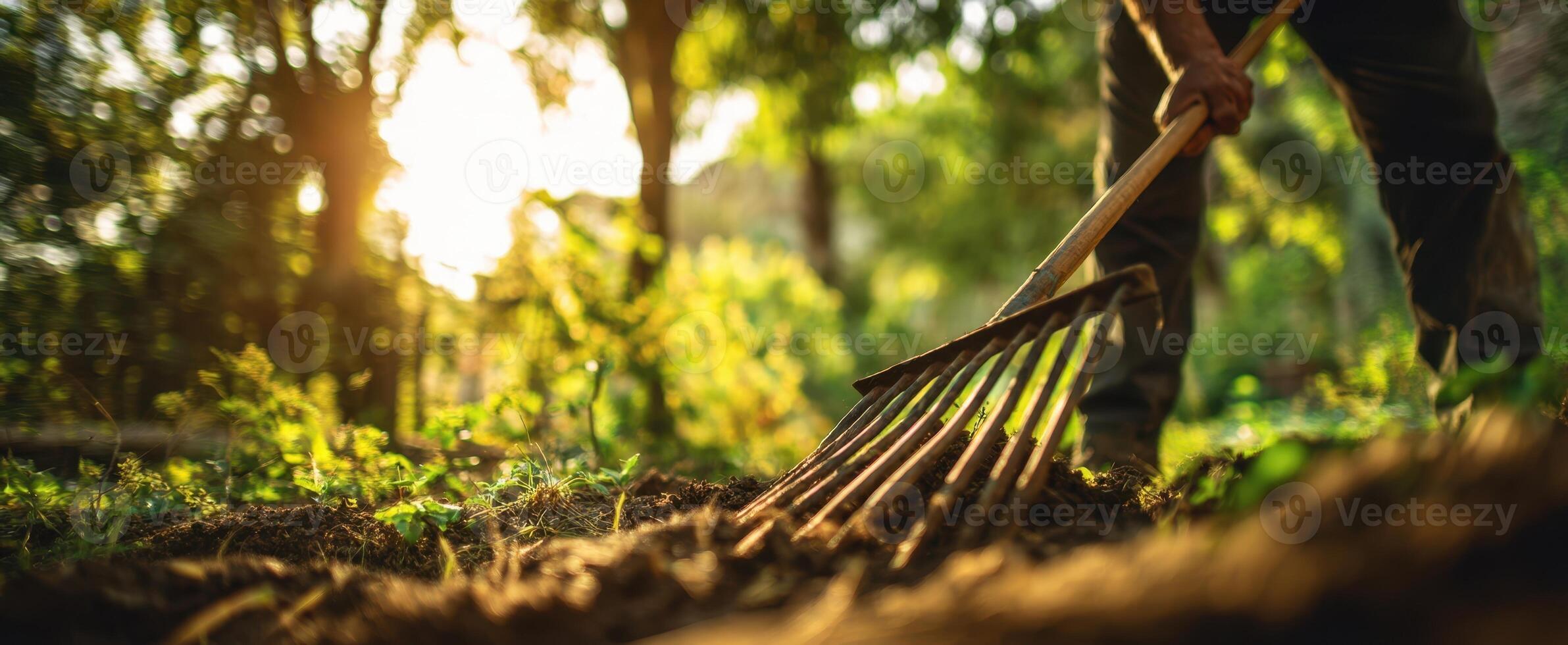 The gardener working with a rake in the sunlit soil of a lush garden. photo