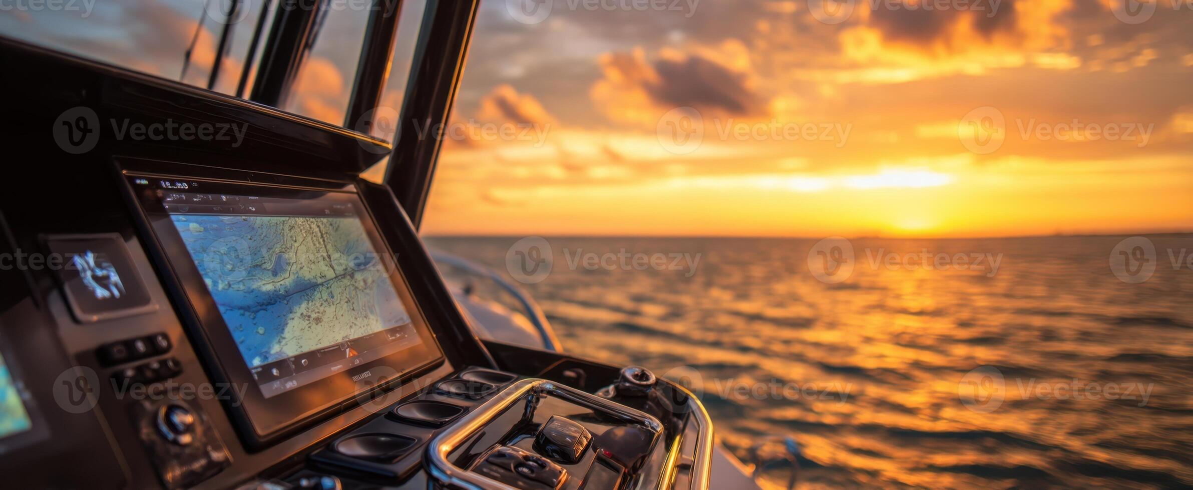 The beautiful sunset over a boat's navigation dashboard and tranquil waters. photo