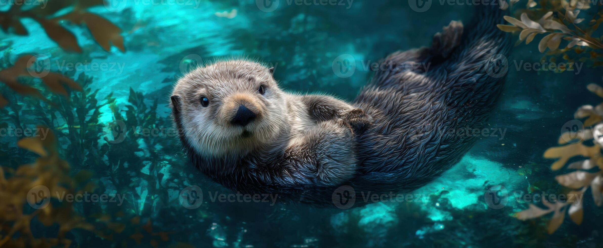 The adorable otter floating gracefully in its serene underwater habitat. photo