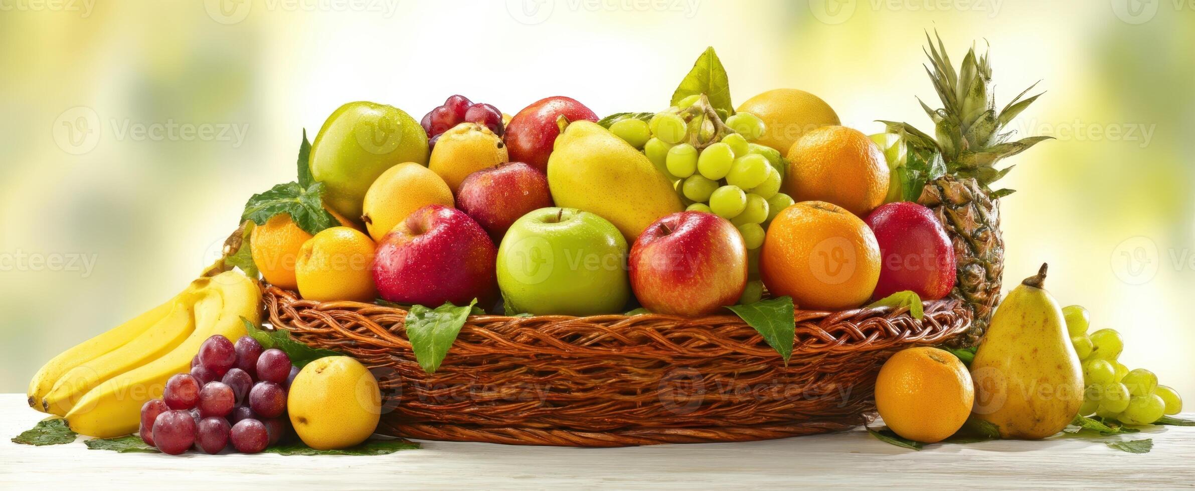 The vibrant assortment of fresh fruits in a decorative wicker basket. photo