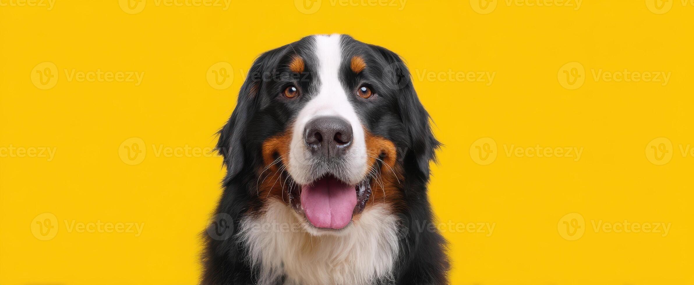 The Bernese Mountain Dog with a Cheerful Expression Against a Yellow Background photo