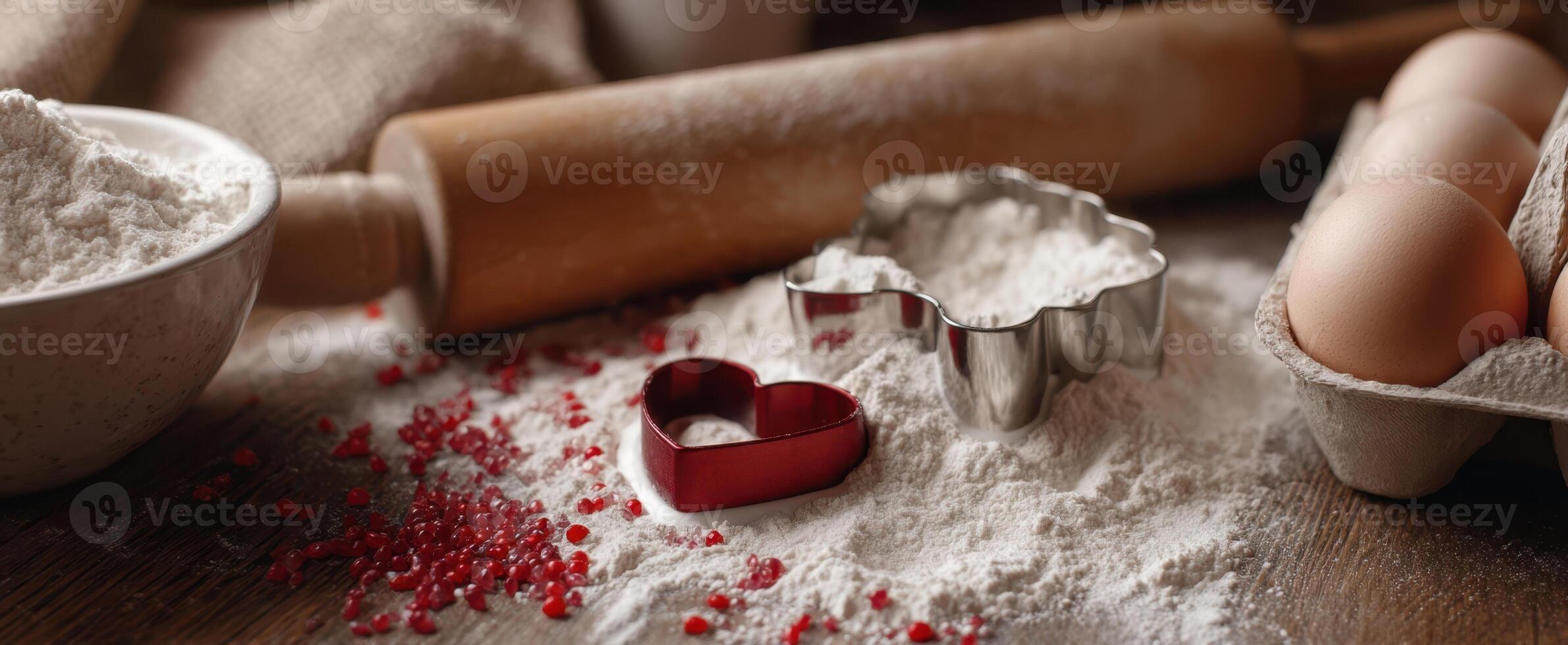 The heart-shaped cookie cutter surrounded by baking ingredients on a rustic table photo