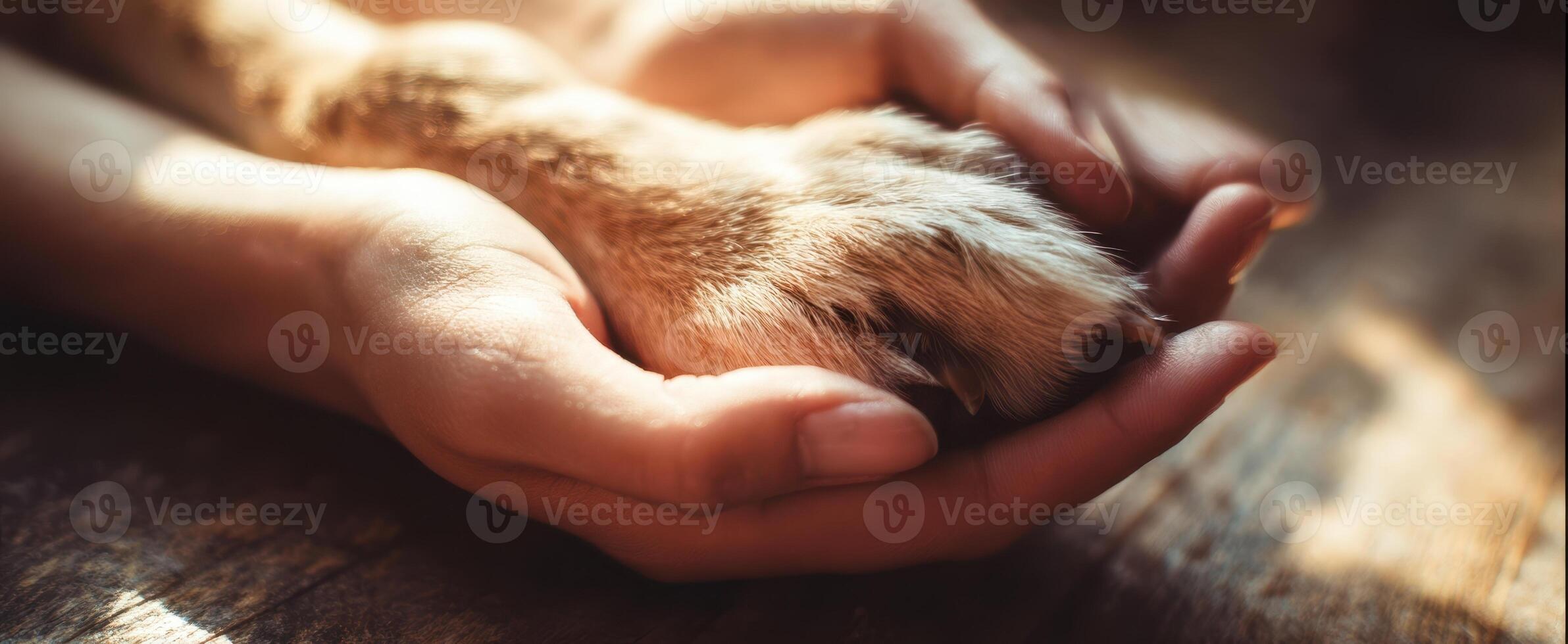 The gentle touch of a pet paw resting in a caring hand. photo