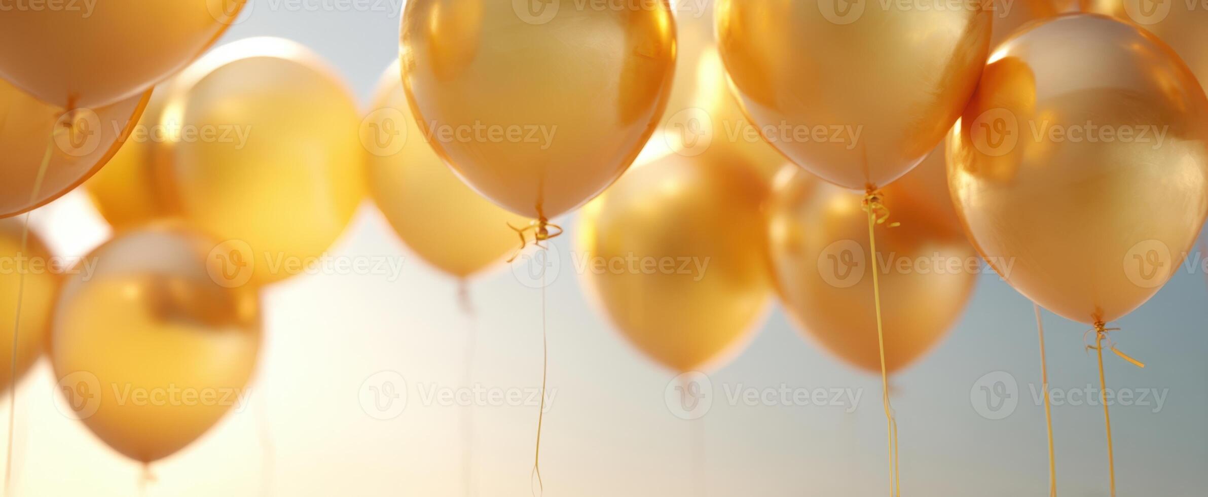 The golden balloons floating gracefully in a bright blue sky photo