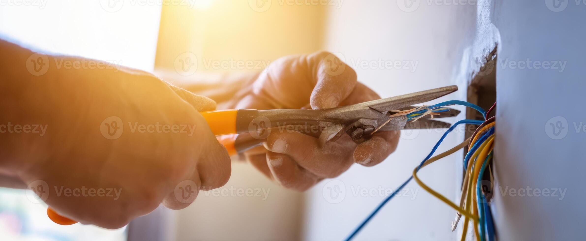 The electrician using pliers to cut electrical wires in a home setting. photo