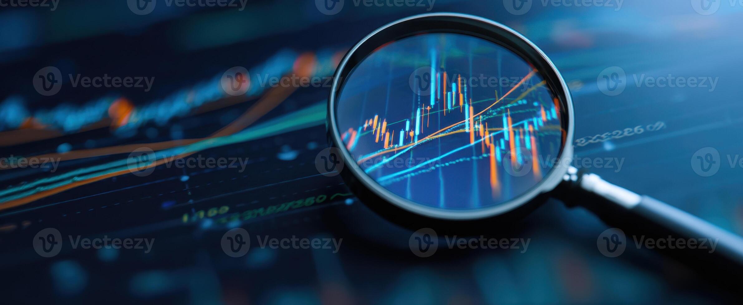The magnifying glass highlighting stock market analysis and growth trends photo