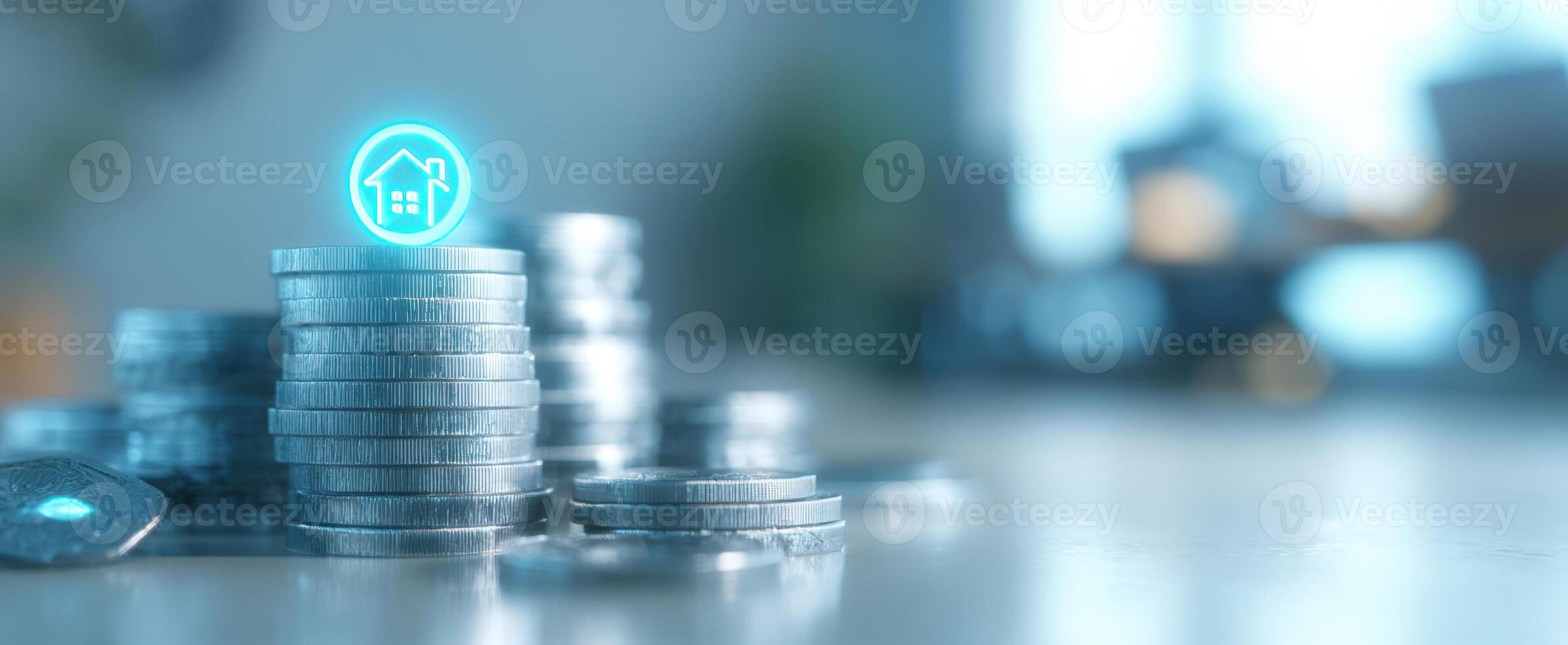 The stack of coins with a digital house icon representing investment and savings. photo