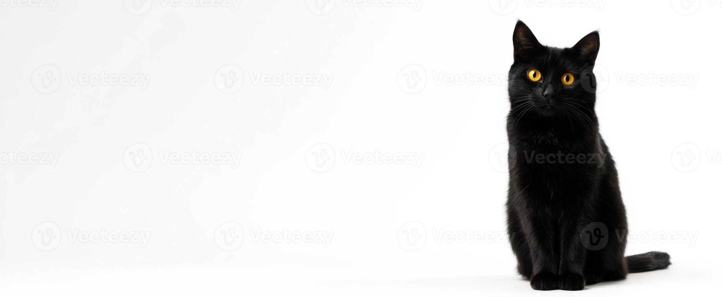 The charming black cat with striking yellow eyes in a minimalist setting. photo