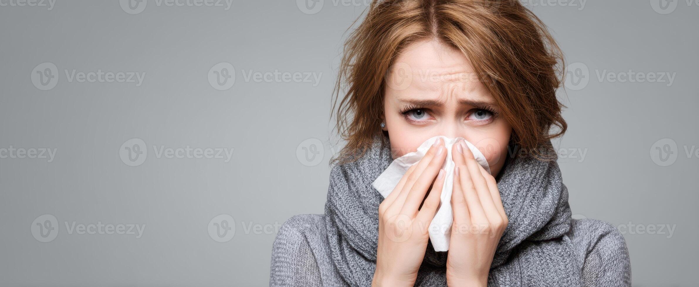 The woman holding a tissue expresses sadness and discomfort in a cozy environment. photo
