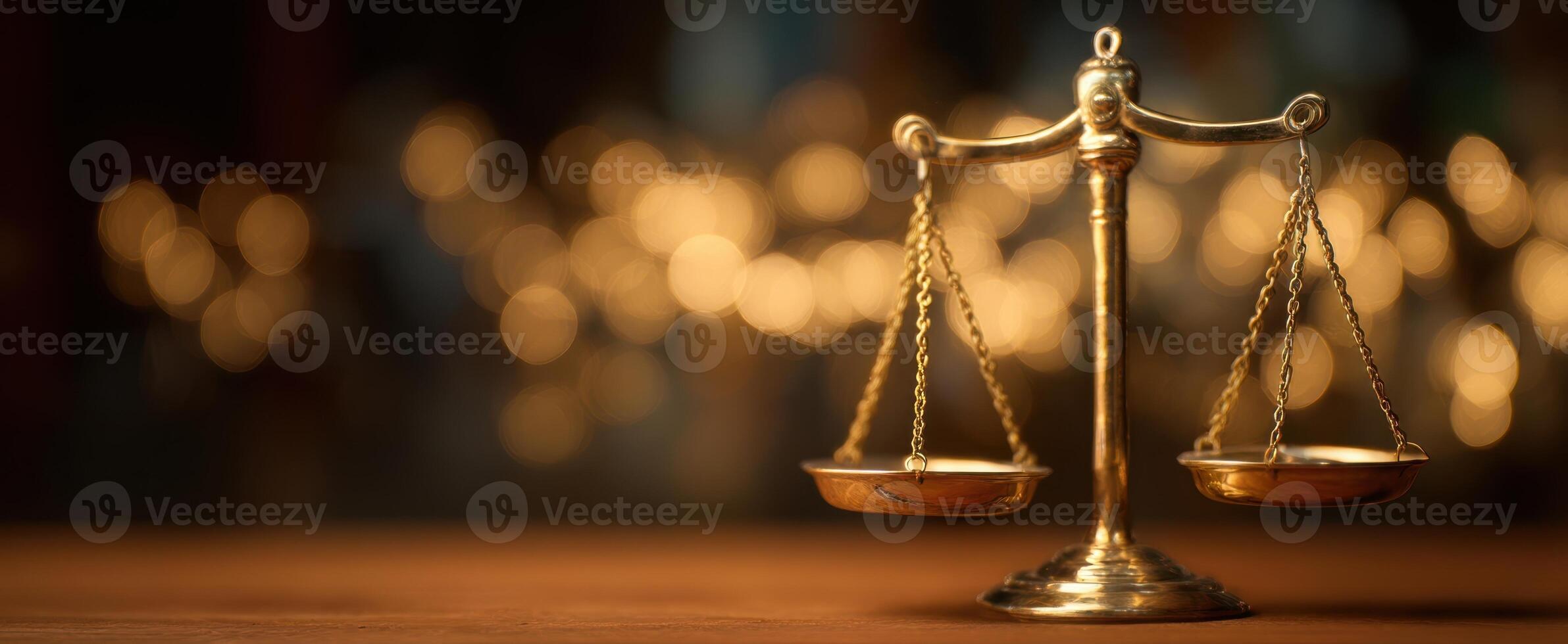 The Golden Scales of Justice on a Wooden Table with Blurred Background photo