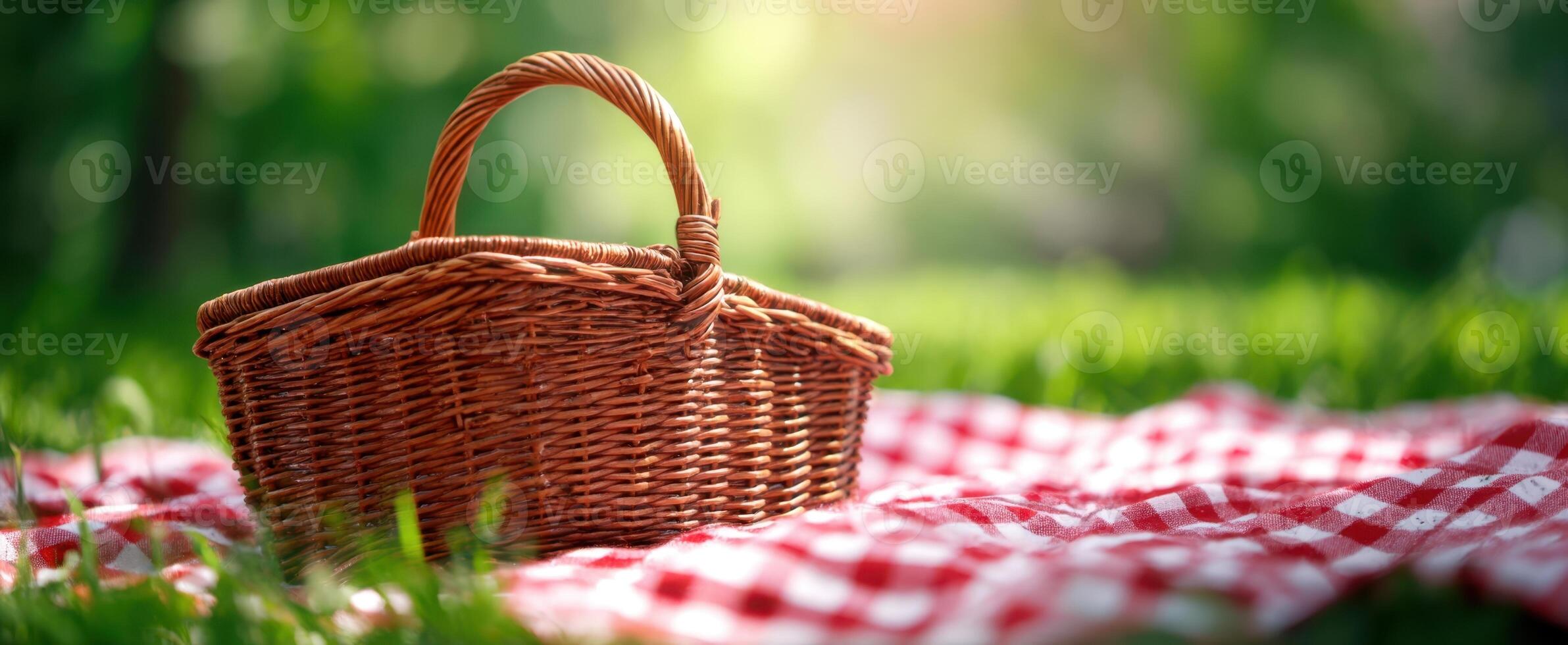 The wicker picnic basket resting on a checkered blanket in a serene outdoor setting. photo