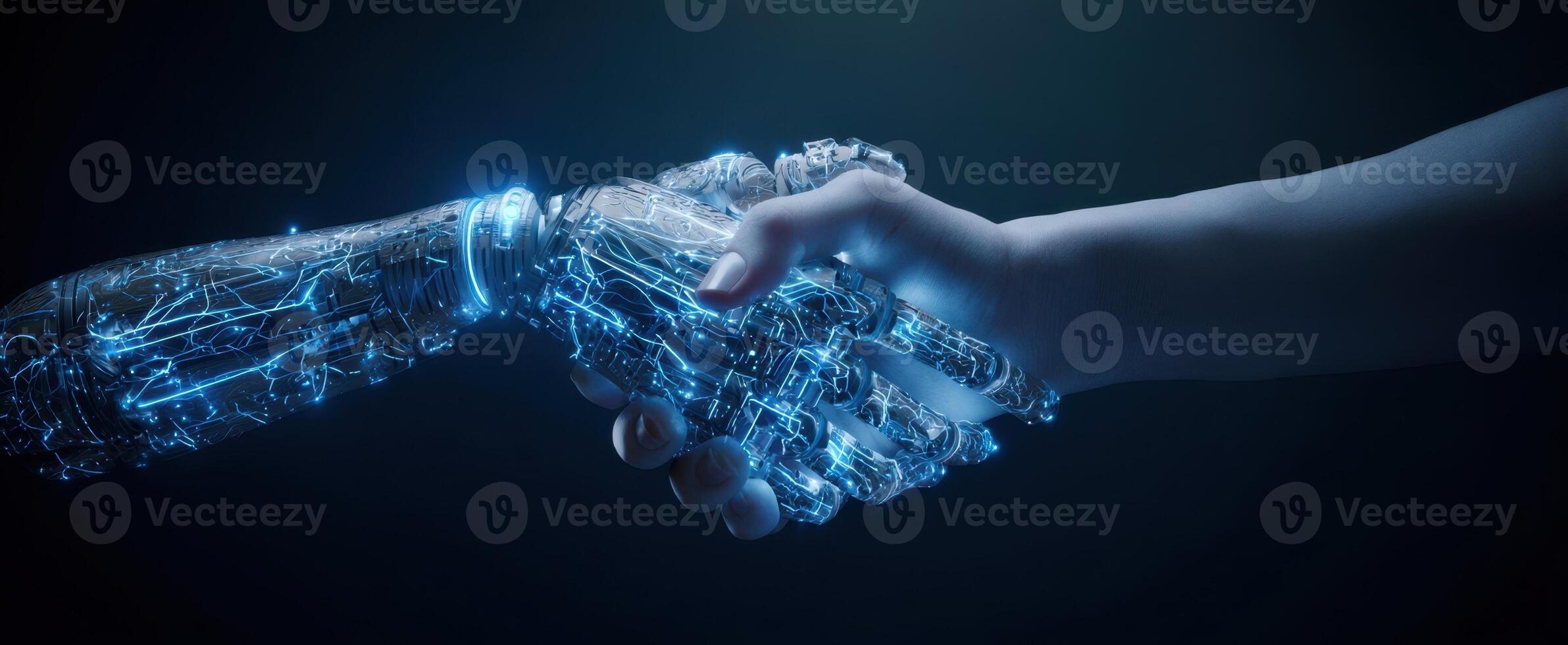 The robotic hand and human hand symbolize unity and technological collaboration. photo