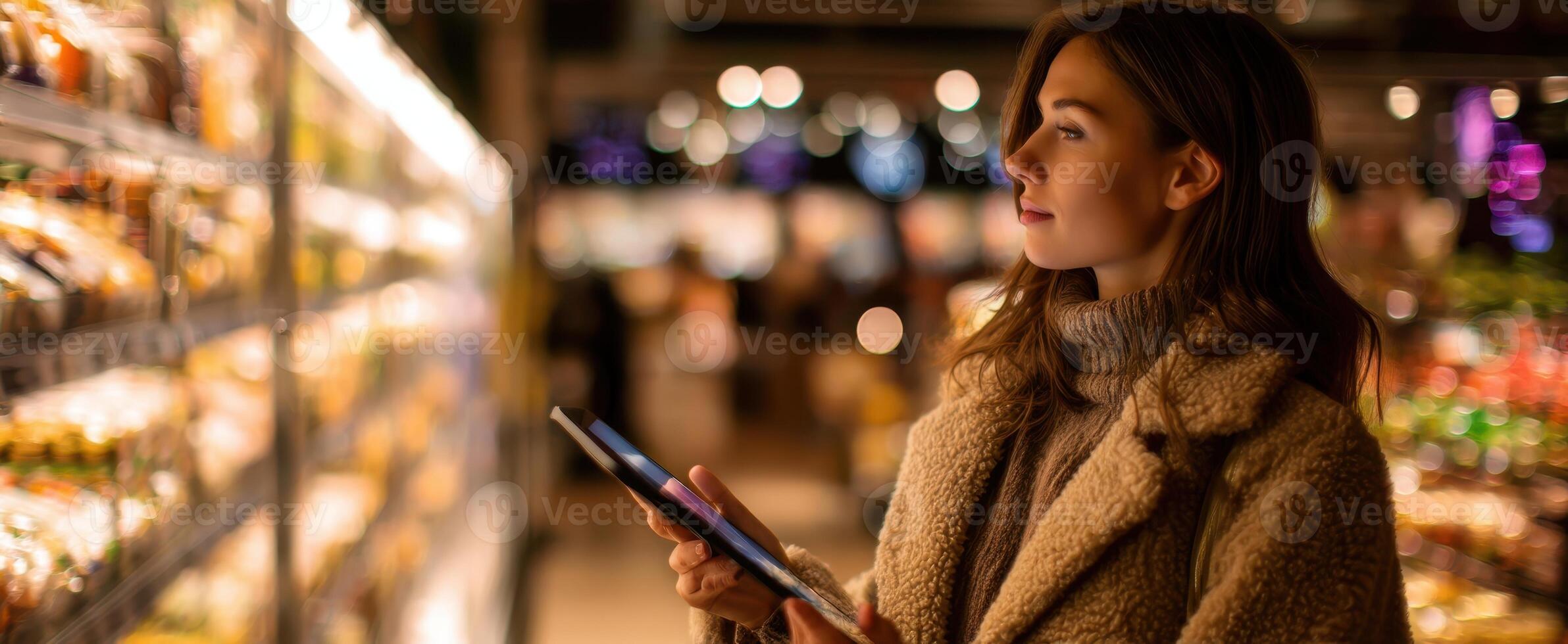 The woman shopping in a grocery store using a tablet for selections. photo