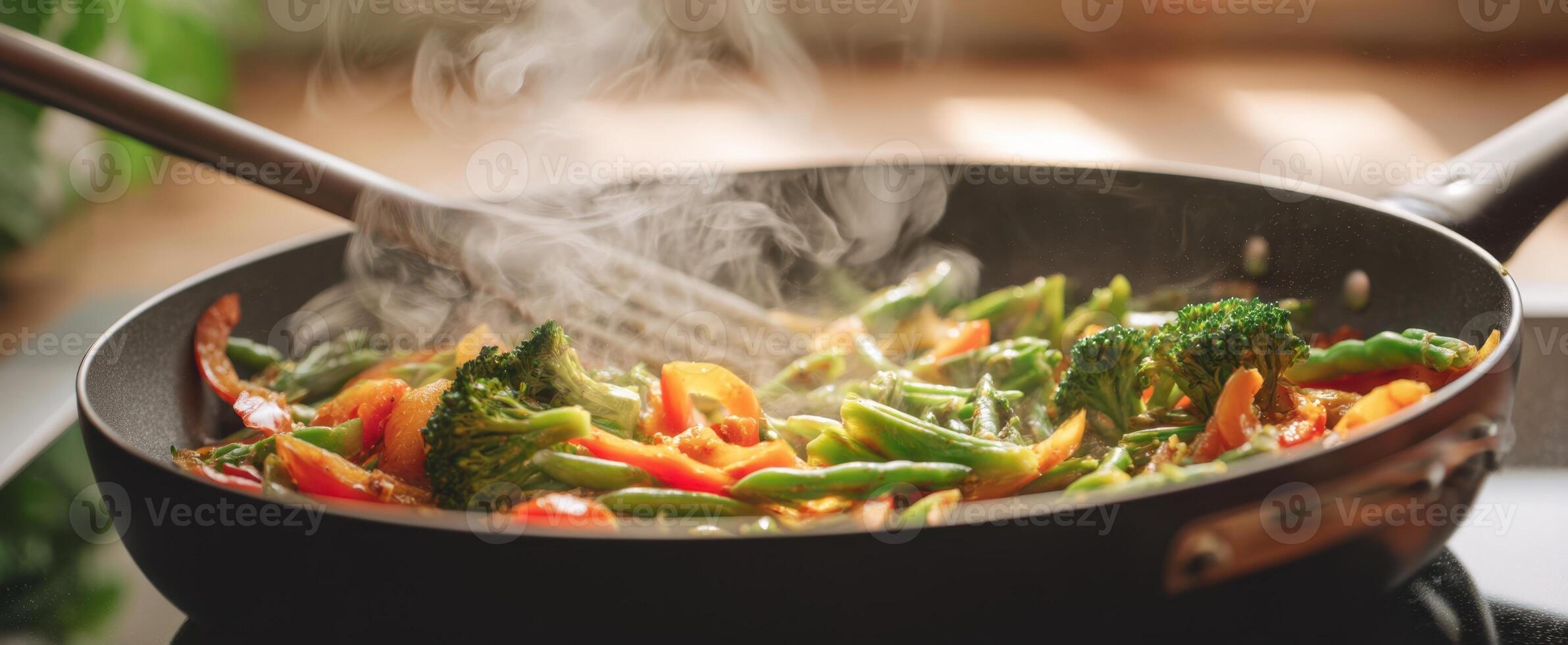 The vibrant stir-fry of fresh vegetables steaming in a modern kitchen. photo