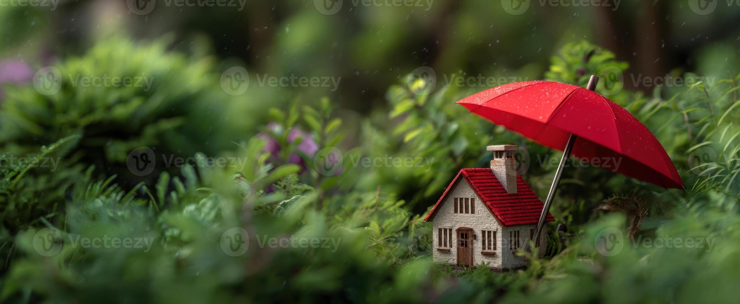 The miniature house protected by a bright red umbrella amidst lush greenery. photo