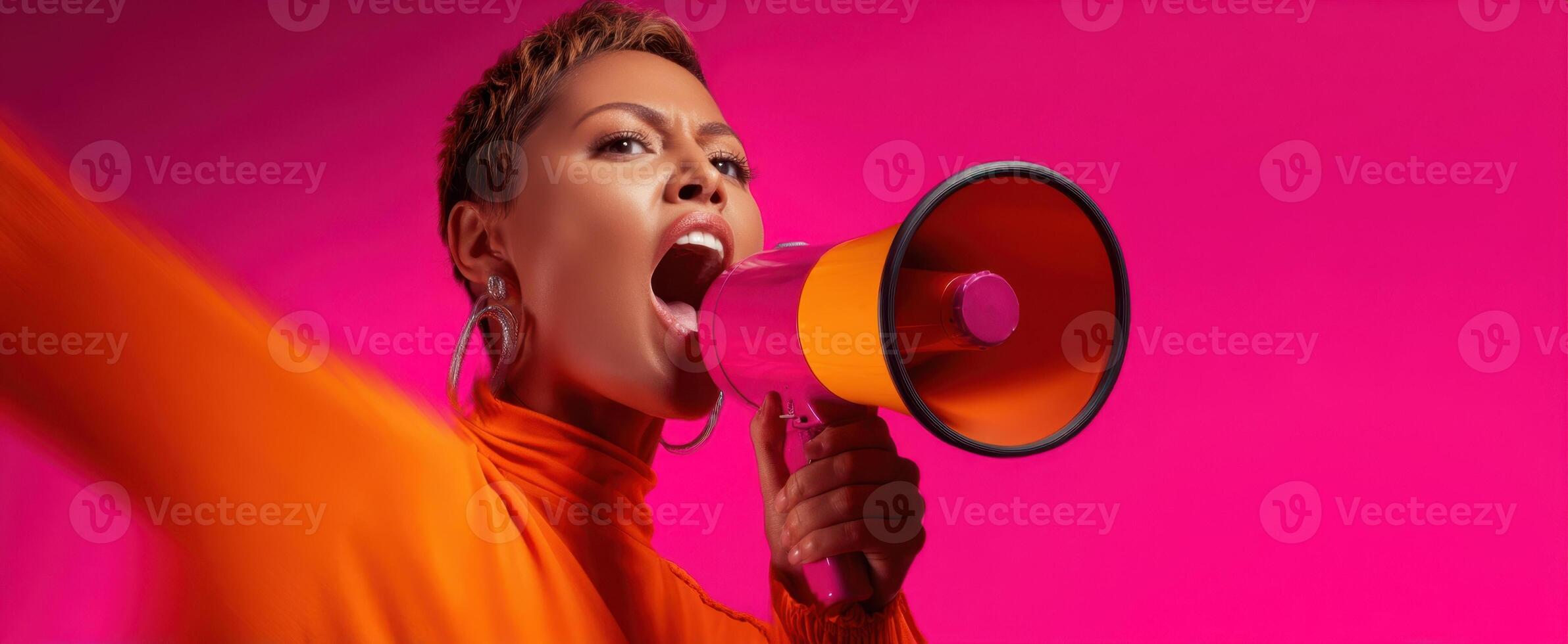 The confident woman shouting through a megaphone in vibrant colors. photo