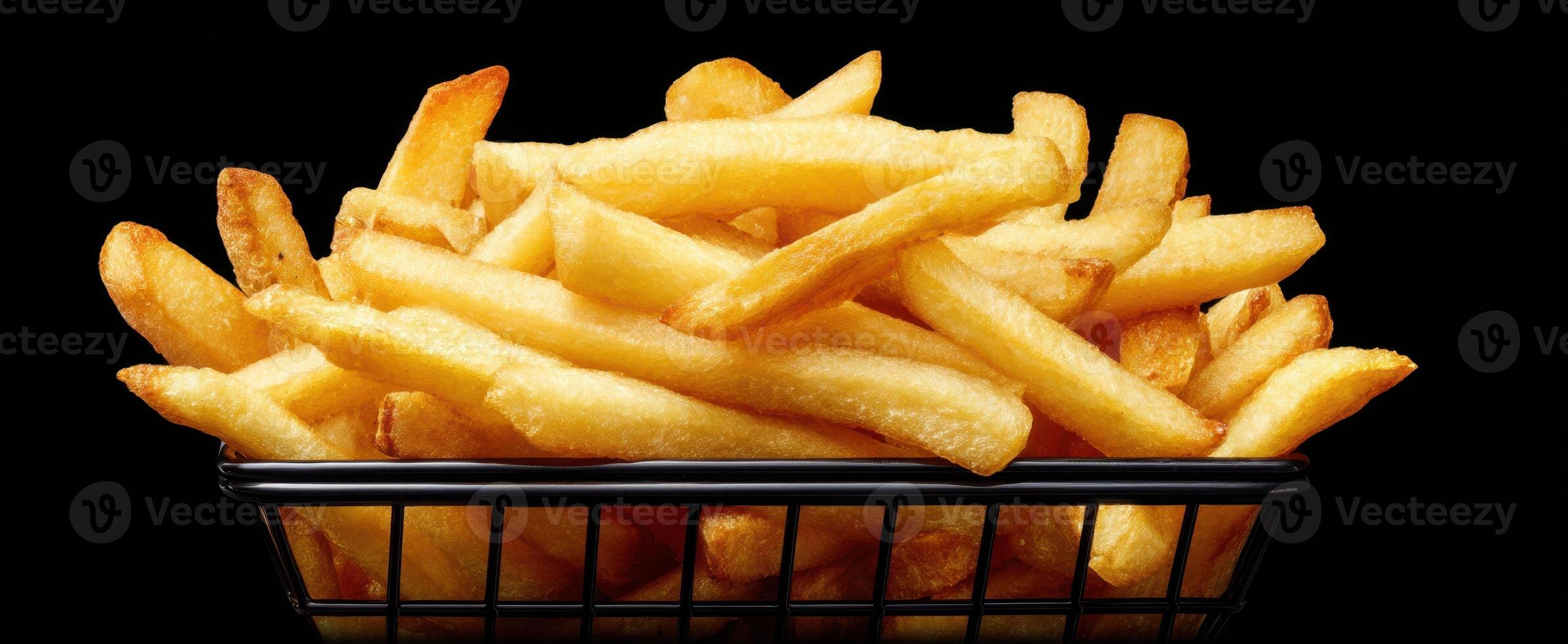 The basket of golden fries with a crispy texture and delicious aroma. photo