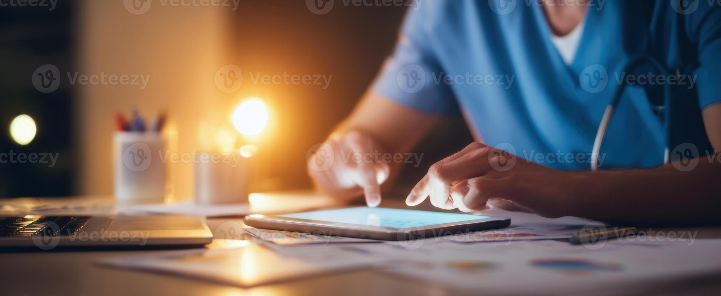 The nurse interacting with a tablet in a modern healthcare workspace. photo
