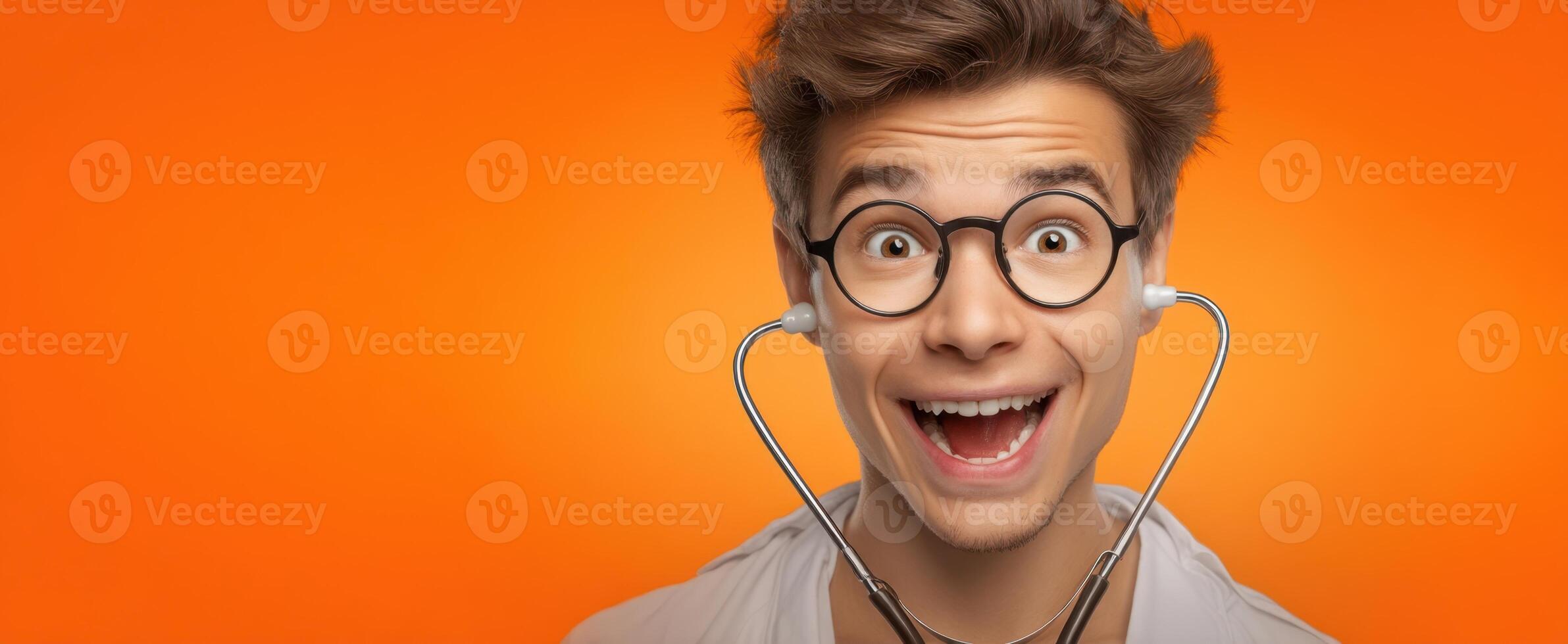 The young man with a stethoscope expresses joy and enthusiasm. photo