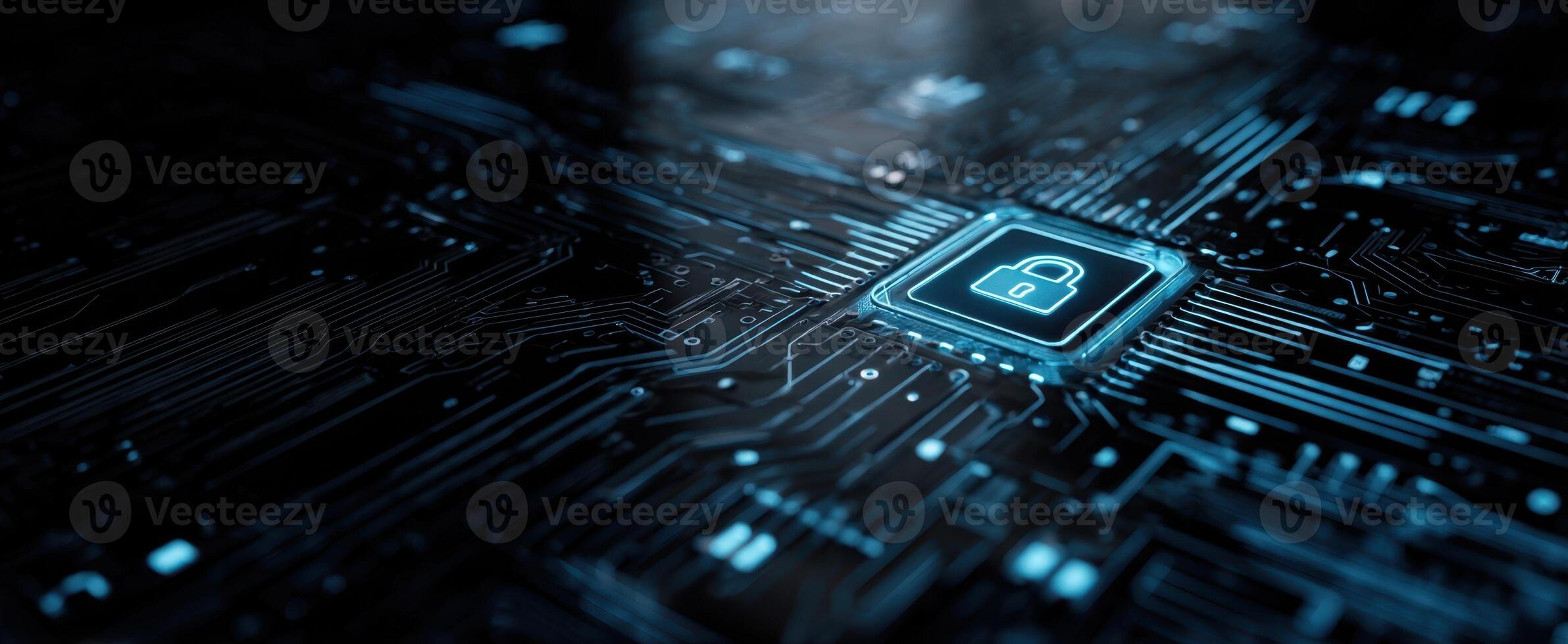 The digital circuit board featuring a glowing security lock icon photo
