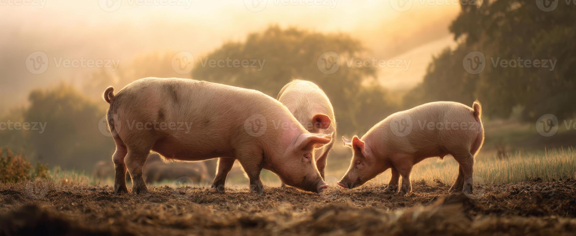 The tranquil scene of pigs foraging in a sunlit rural setting. photo