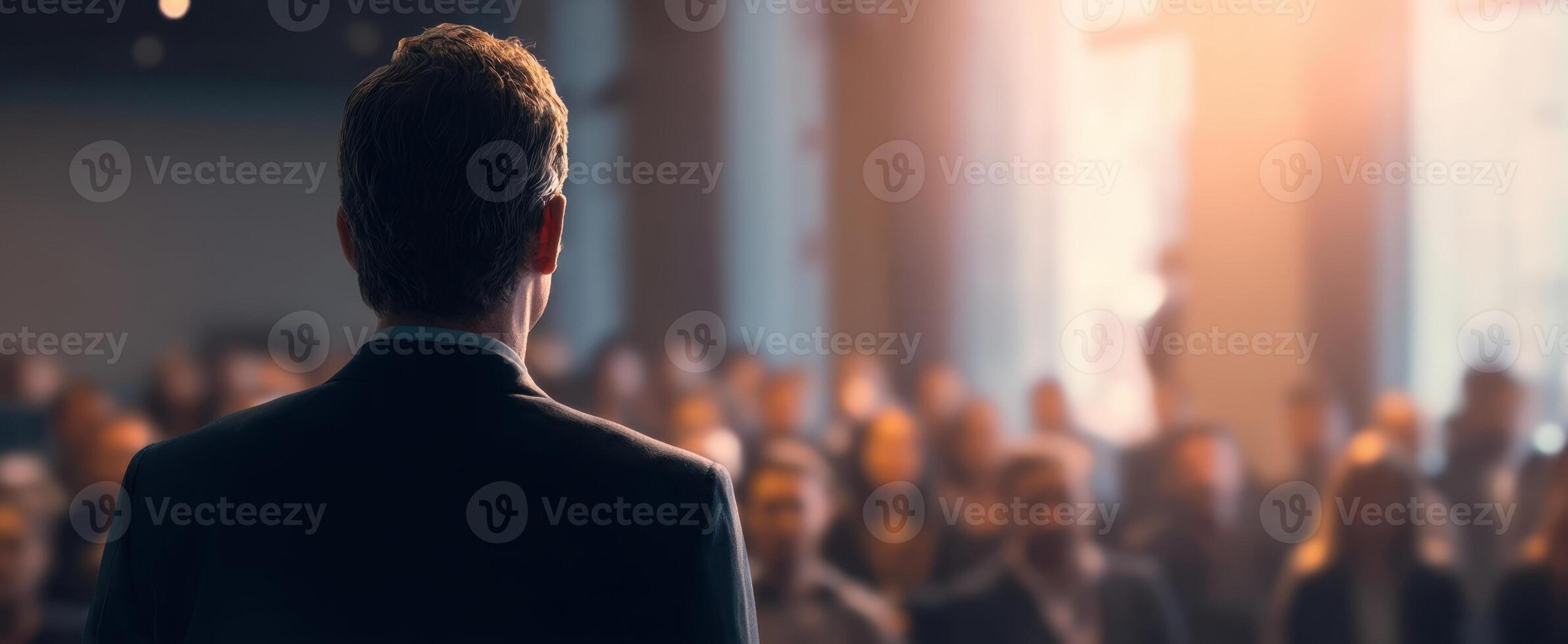 The speaker engaging an audience during a corporate presentation in a bright setting. photo