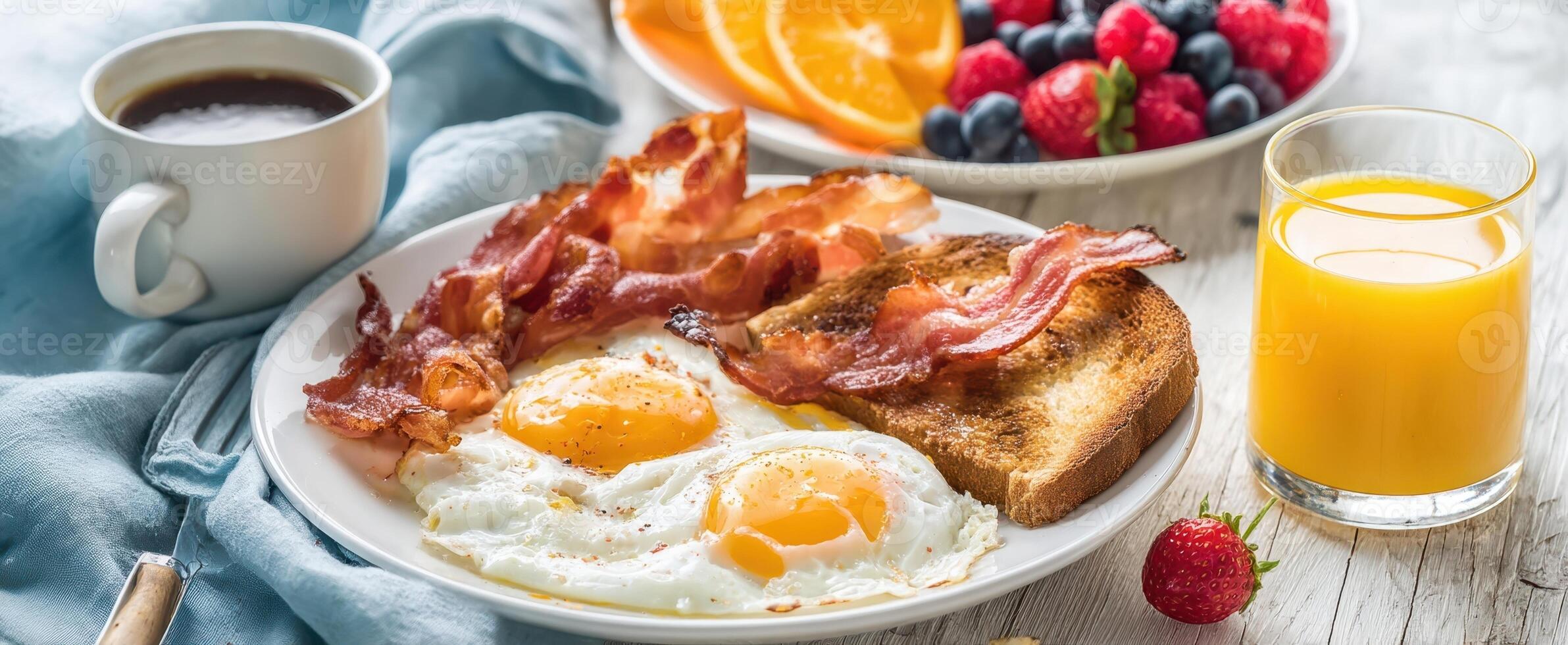The delicious breakfast spread featuring eggs, bacon, toast, and fresh fruits. photo