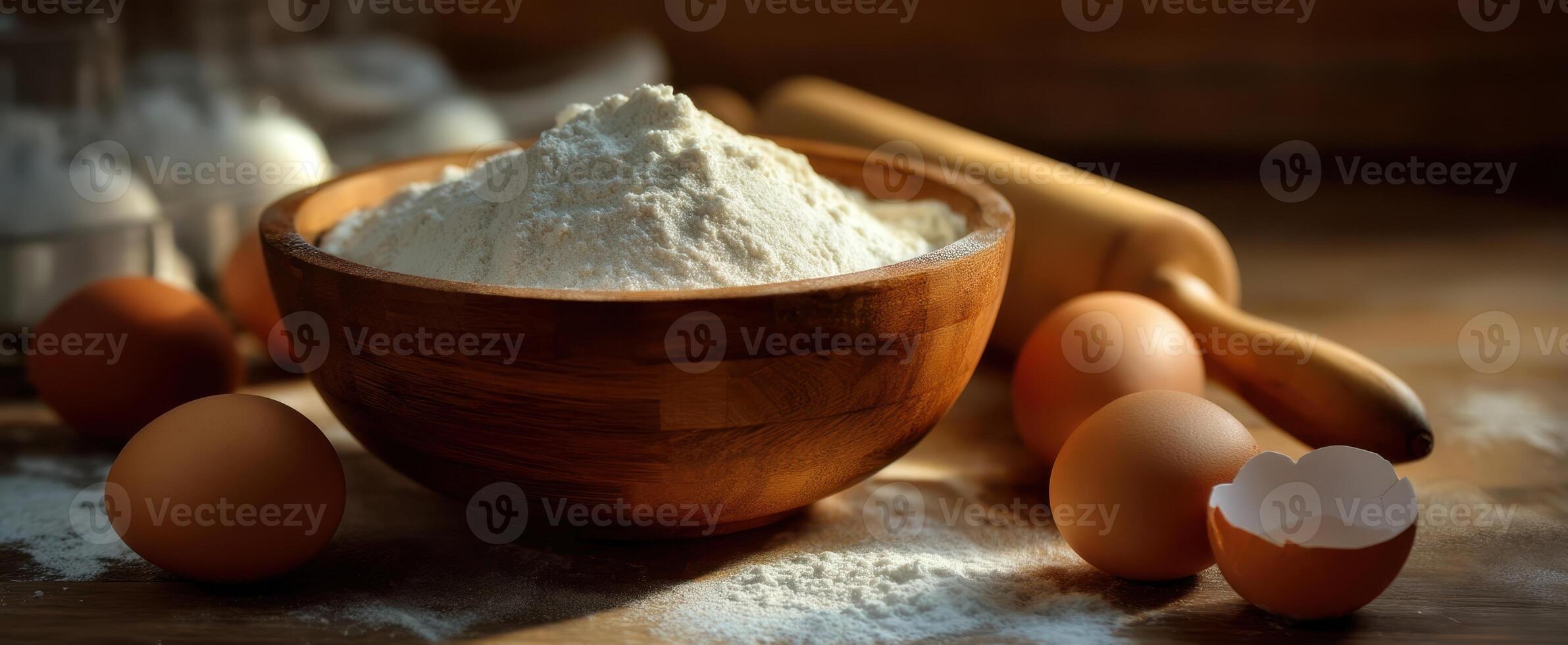 The flour in the rustic wooden bowl surrounded by fresh eggs and baking tools. photo