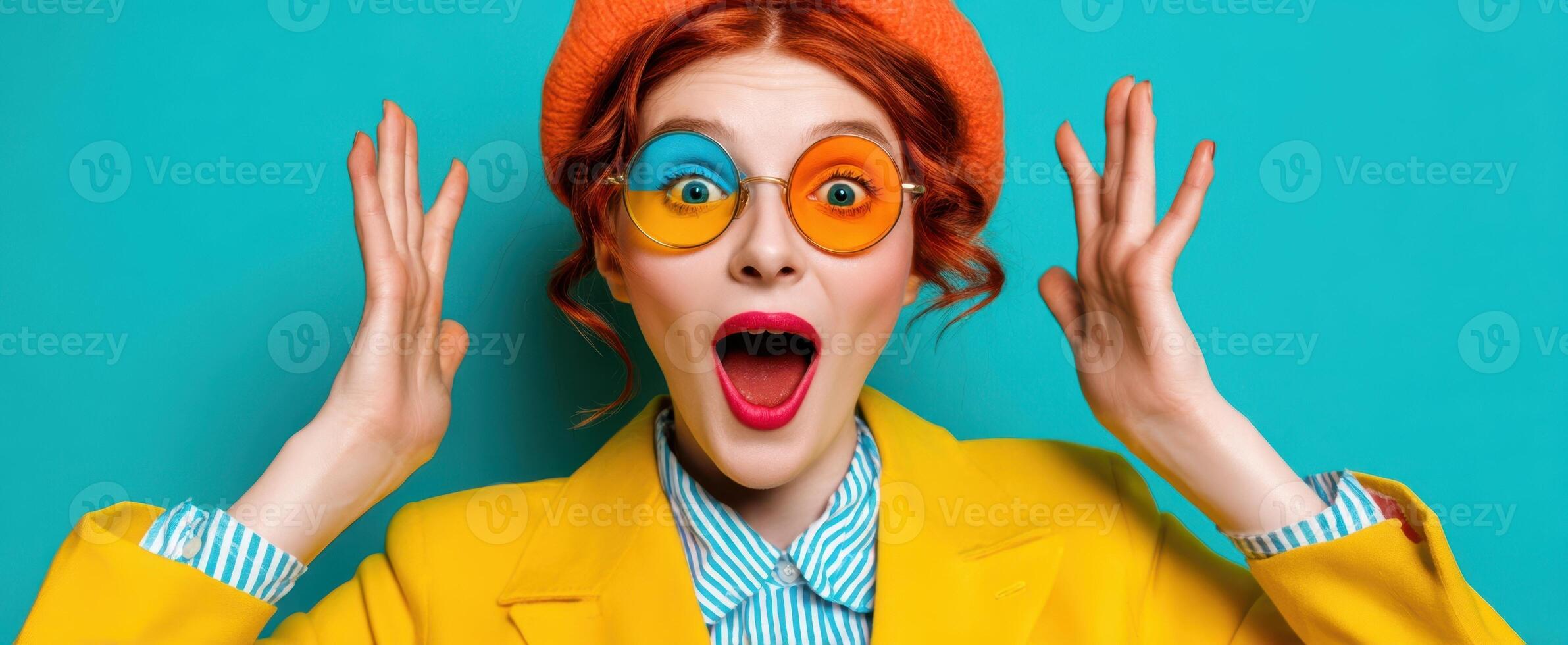 The Vibrant Woman Exuding Joy and Style in a Colorful Urban Setting photo