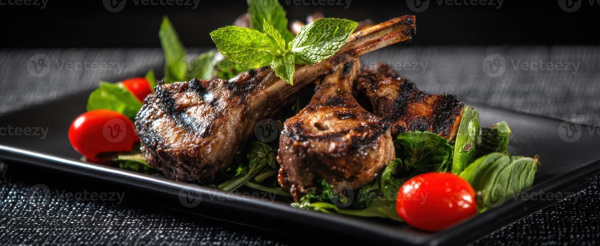 The exquisite grilled lamb chops garnished with fresh mint and cherry tomatoes. photo