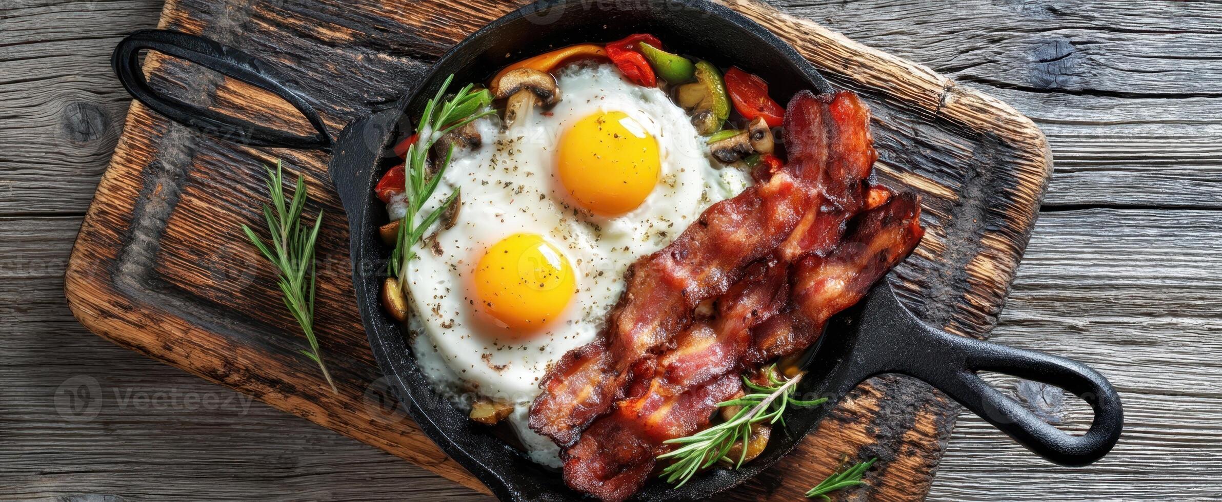 The delicious breakfast skillet with eggs and crispy bacon. photo