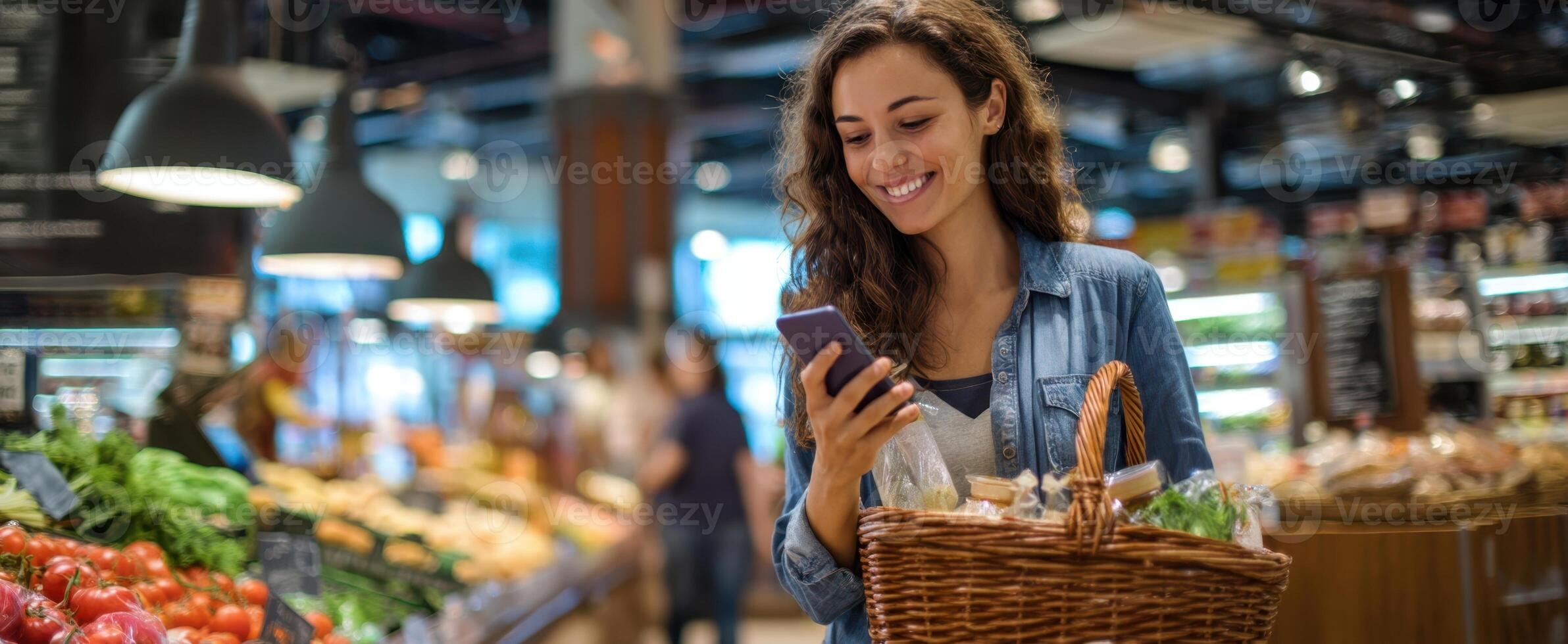 The woman happily shopping in a grocery store using her smartphone. photo