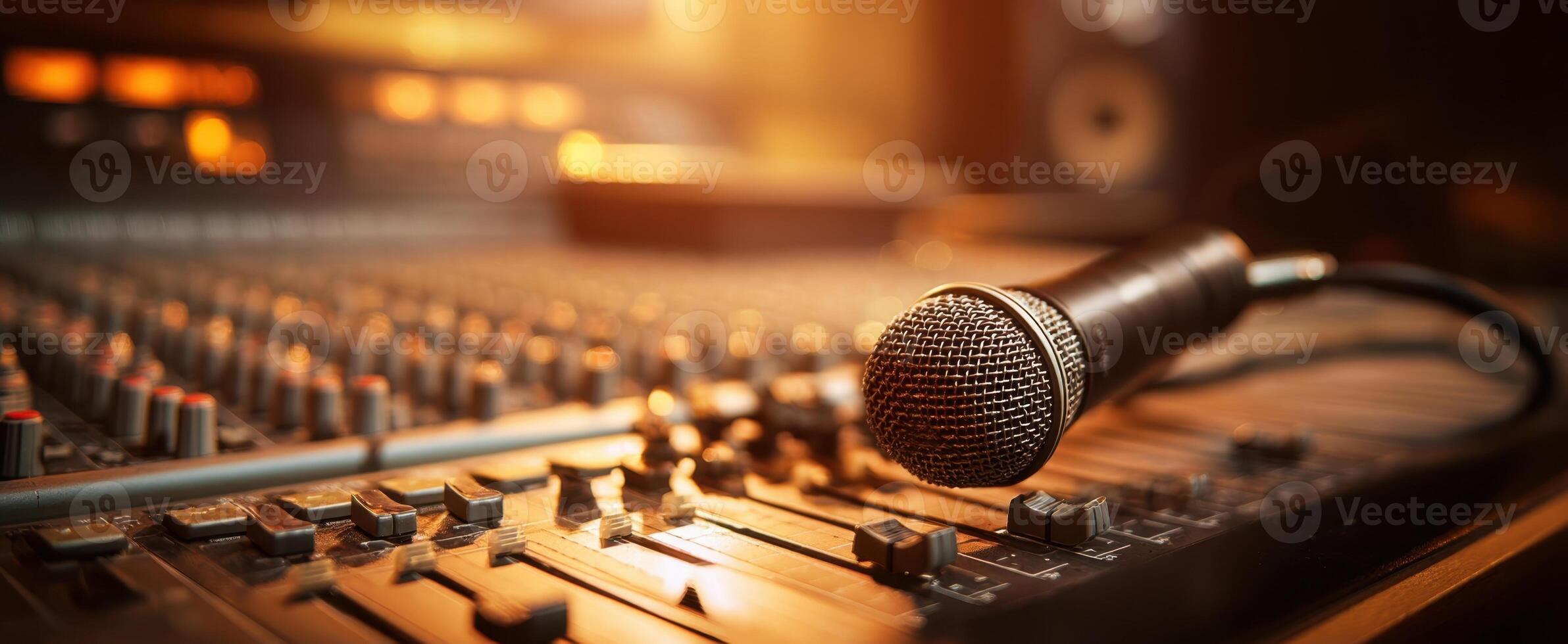 The microphone resting elegantly on a digital audio mixer in a recording studio. photo