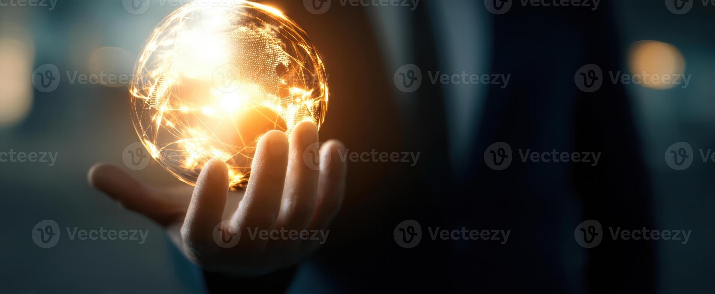 The glowing globe in hand representing global connectivity and innovation. photo