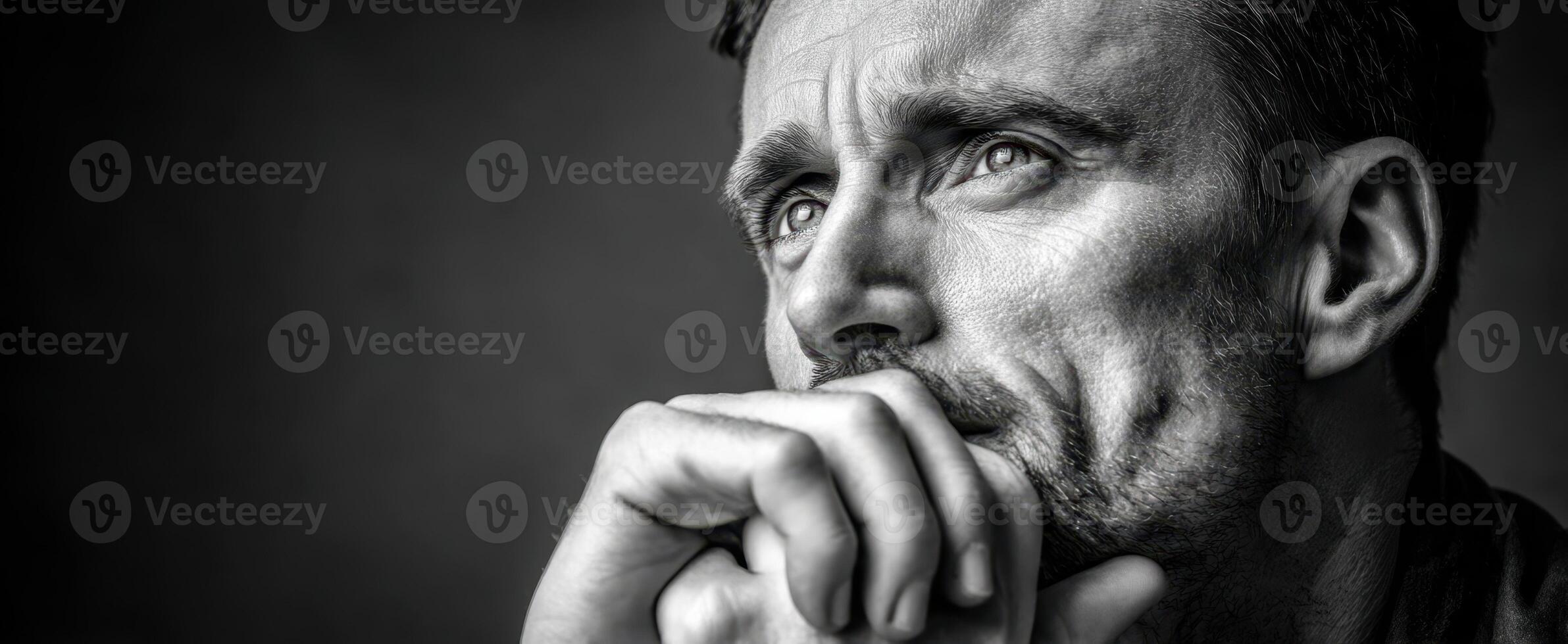 The contemplative man in deep thought captured in a striking black and white portrait. photo
