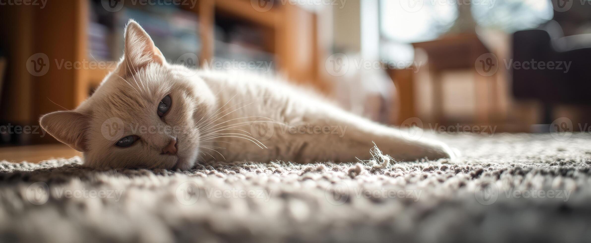 The serene cat resting comfortably on a soft carpet in a cozy home. photo