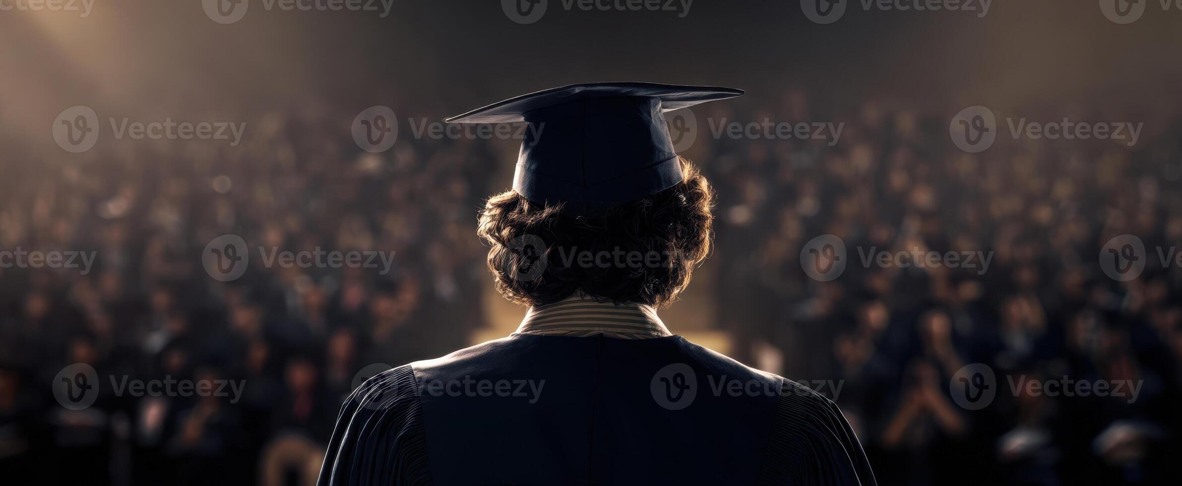 The Graduate Standing Proudly Before a Cheering Audience at Commencement Ceremony. photo