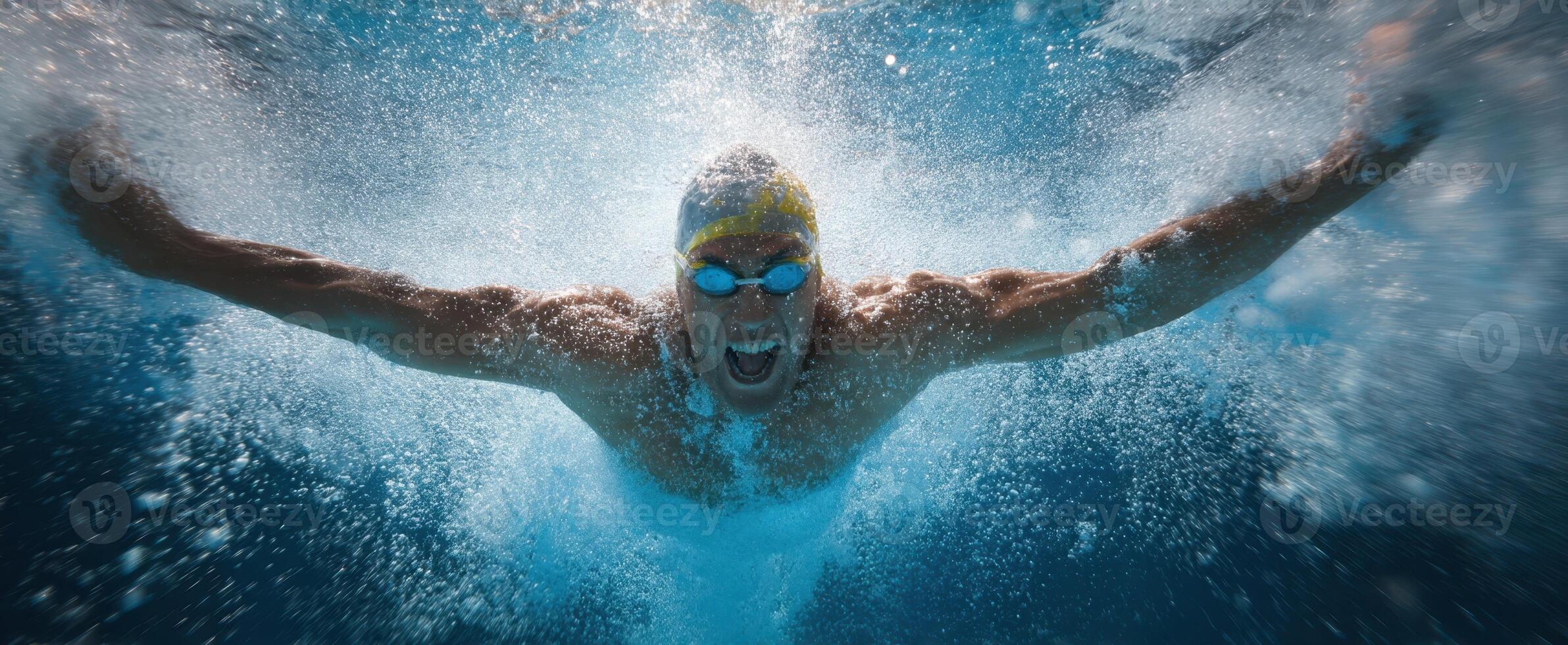 The swimmer bursting through the water in a competitive swimming event. photo