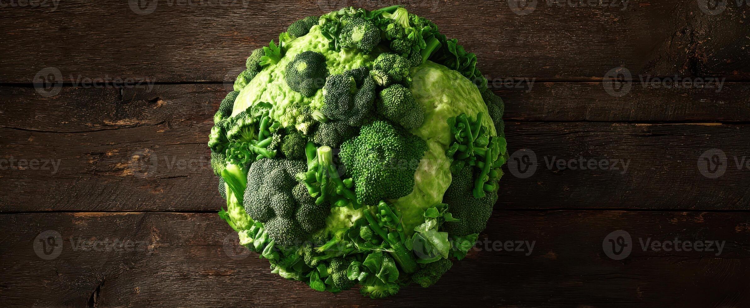 The vibrant green world of fresh broccoli and leafy vegetables on wooden background photo
