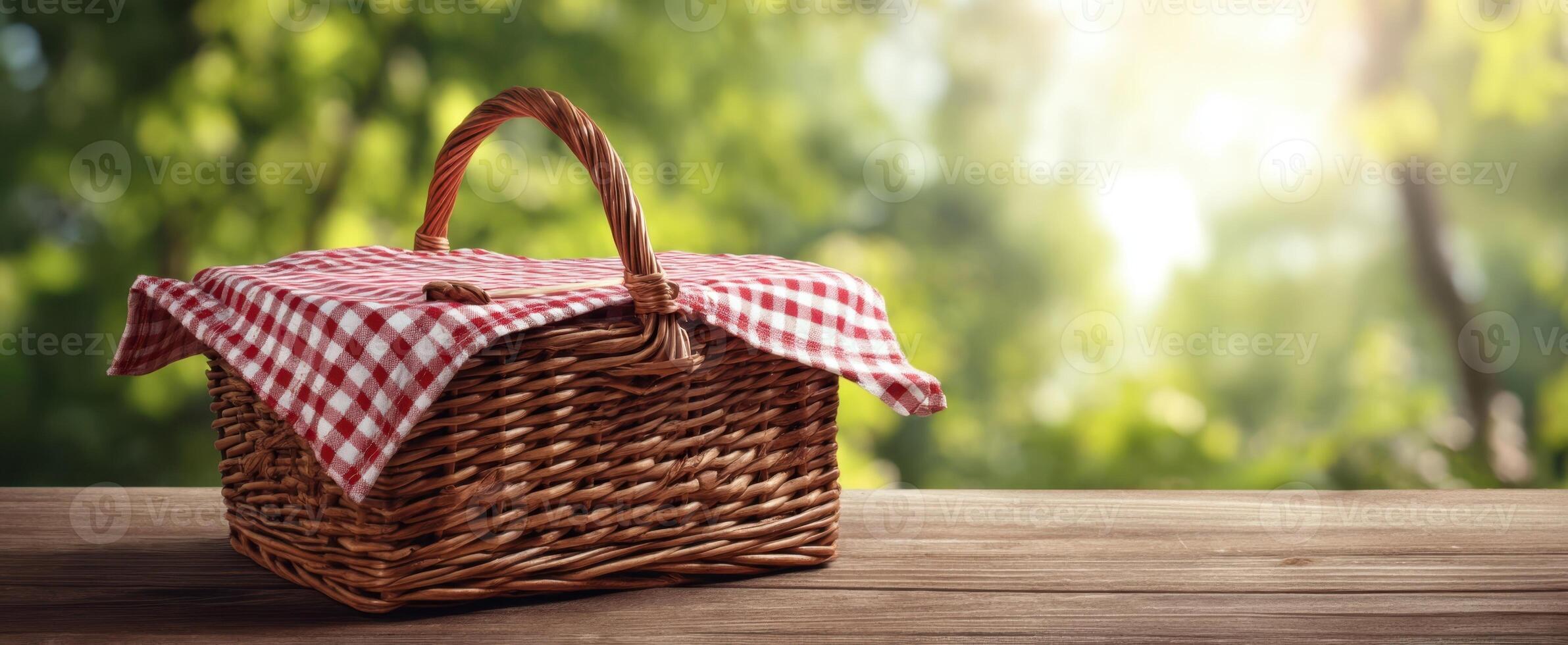 The charming picnic basket resting on a wooden table in a sunlit garden. photo