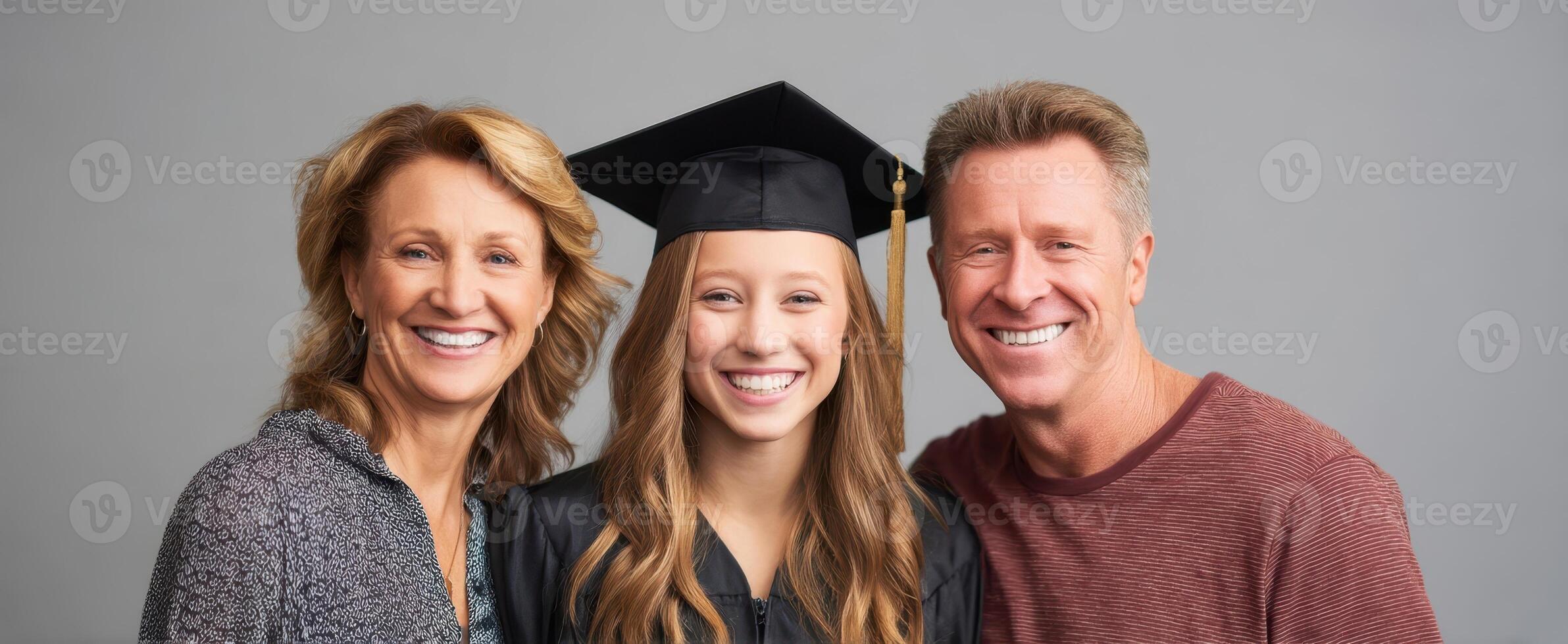 The joyful graduate celebrating her achievement with proud parents in studio setting. photo