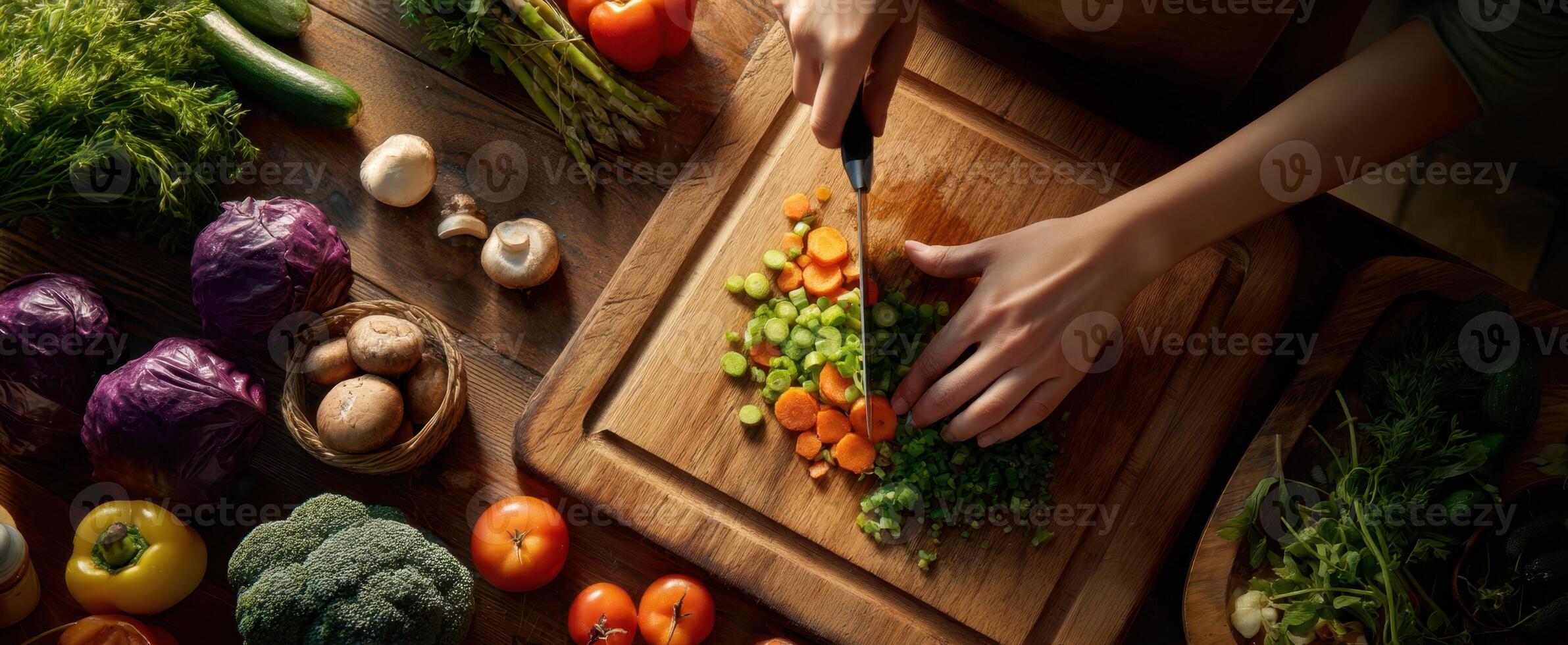 The art of chopping fresh vegetables for a healthy meal preparation. photo