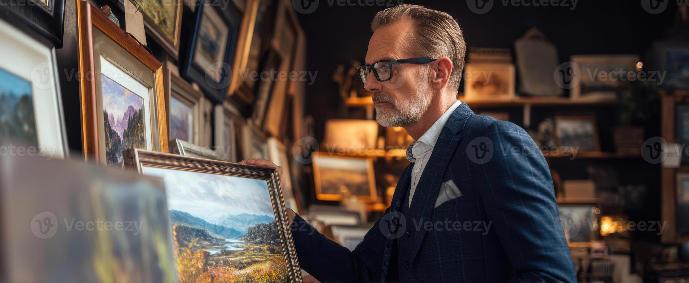 The man exploring an art gallery filled with exquisite paintings and frames. photo