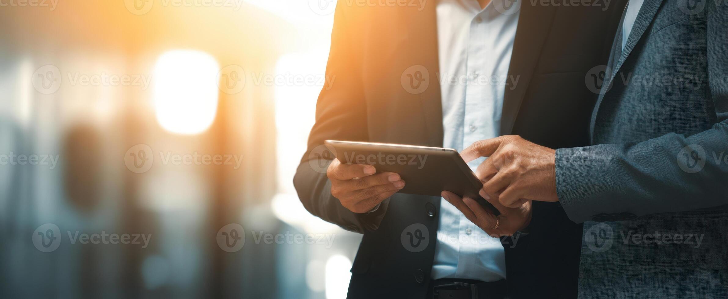 The professionals discussing insights while using a tablet in a modern office setting. photo
