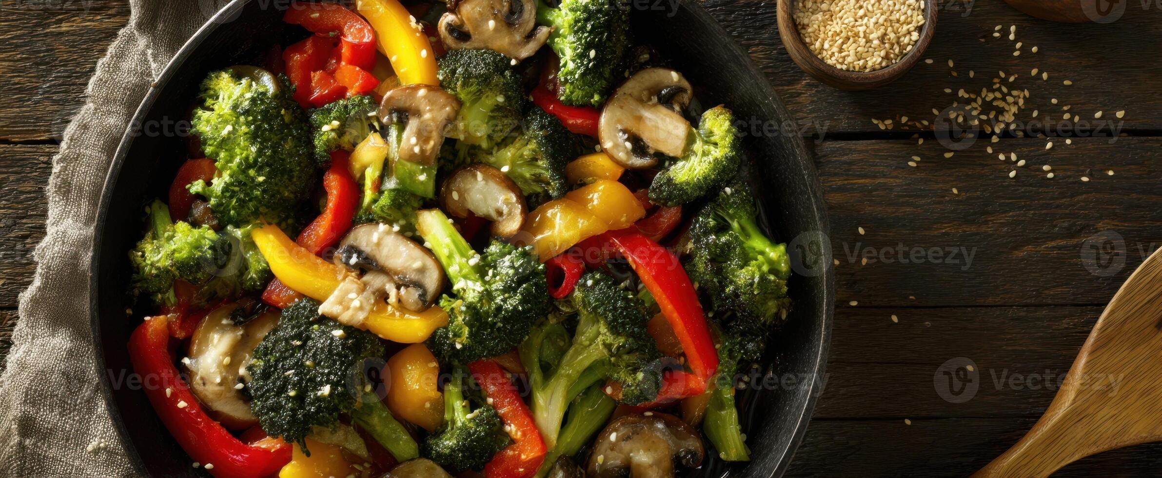 The vibrant vegetable stir-fry with broccoli, peppers, and mushrooms in a rustic bowl. photo