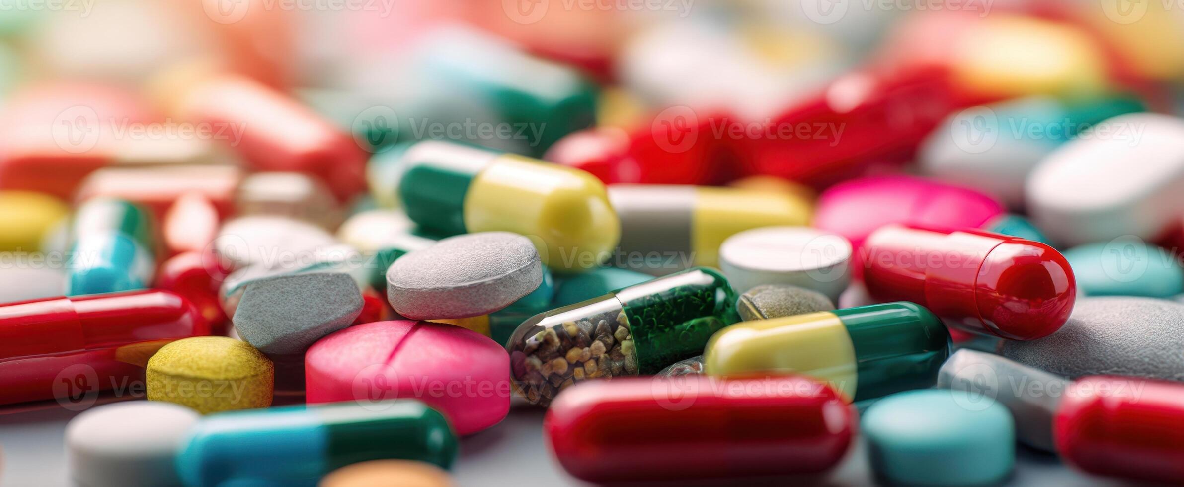 The vibrant array of capsules and pills scattered on a surface. photo