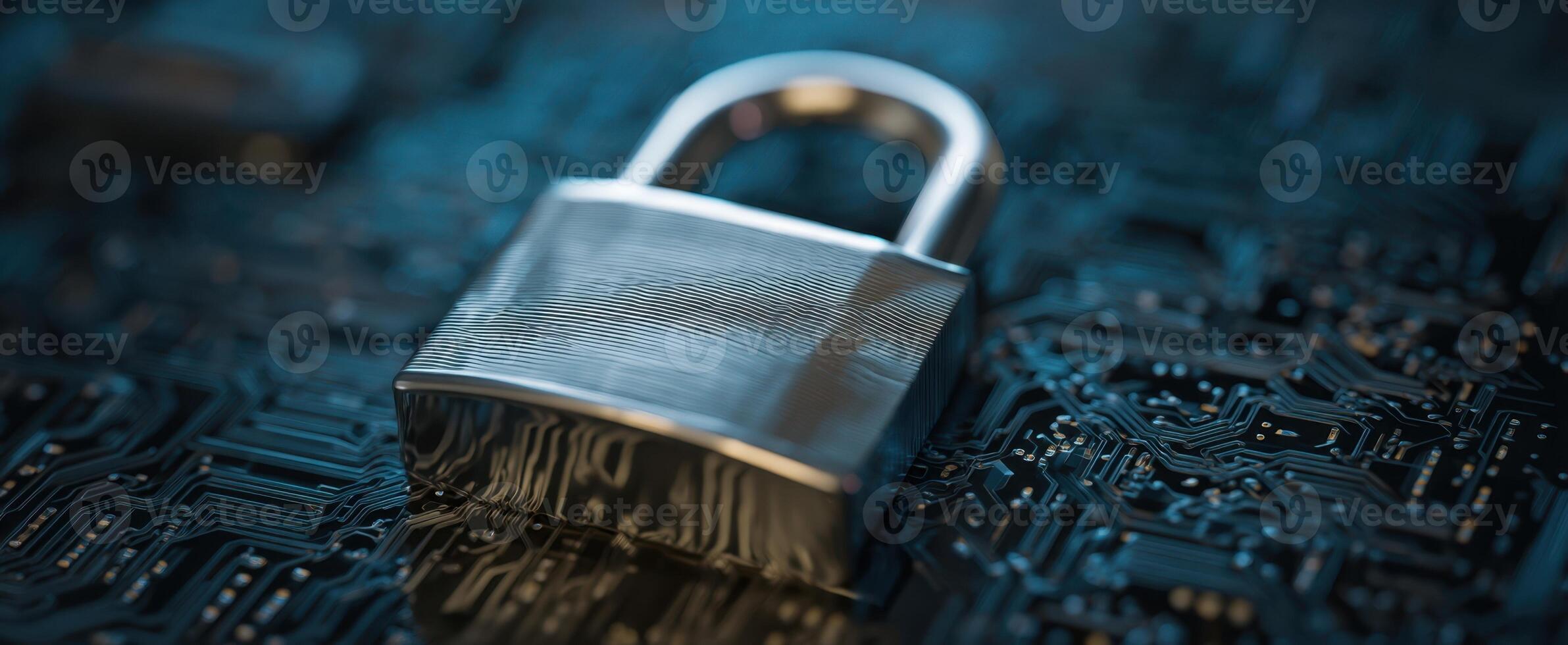 The Padlock on a Circuit Board Representing Digital Security and Protection photo